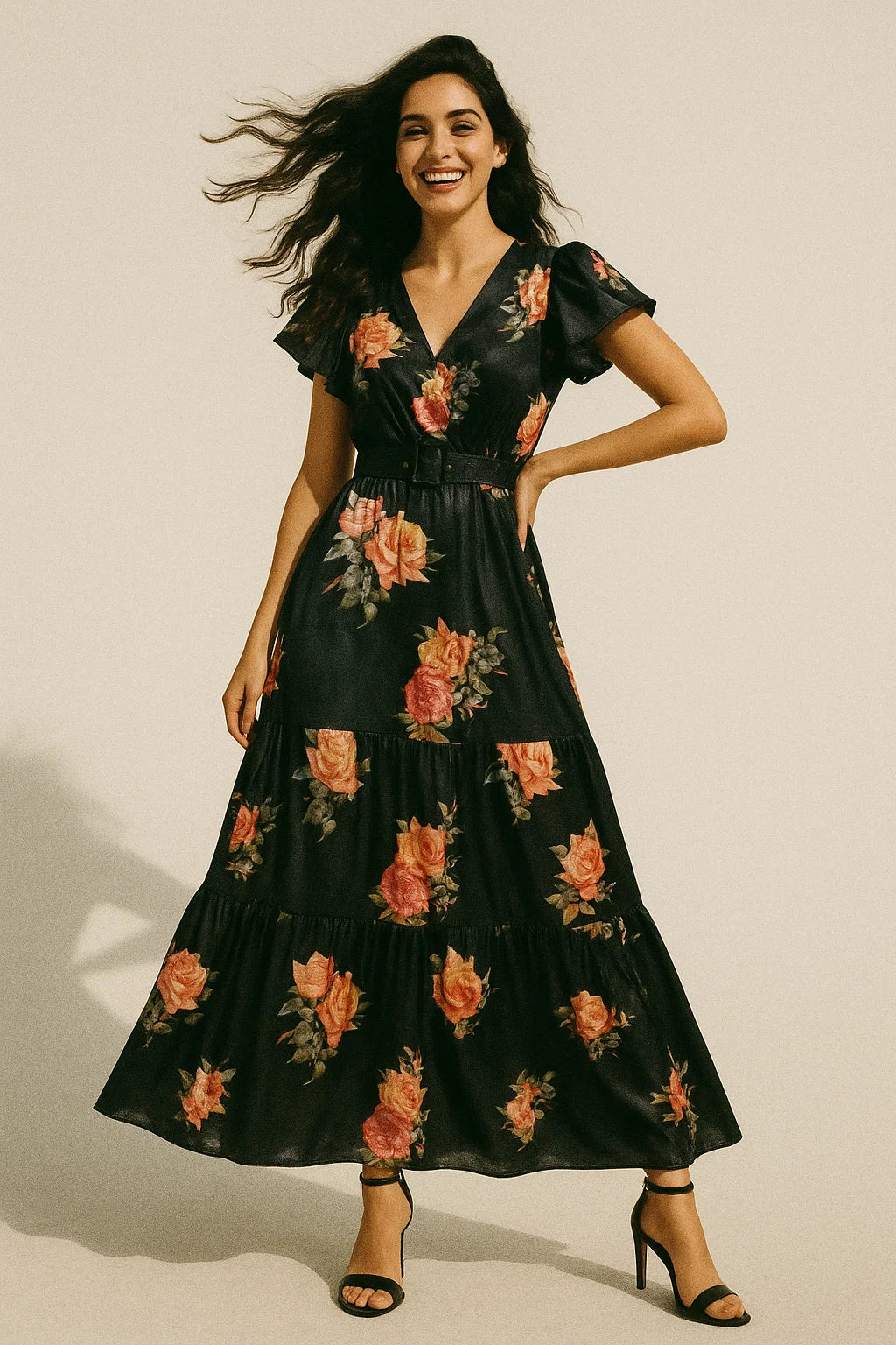 Dominant Yellow And Red Rose Digital Printed Fabric - Japan Satin