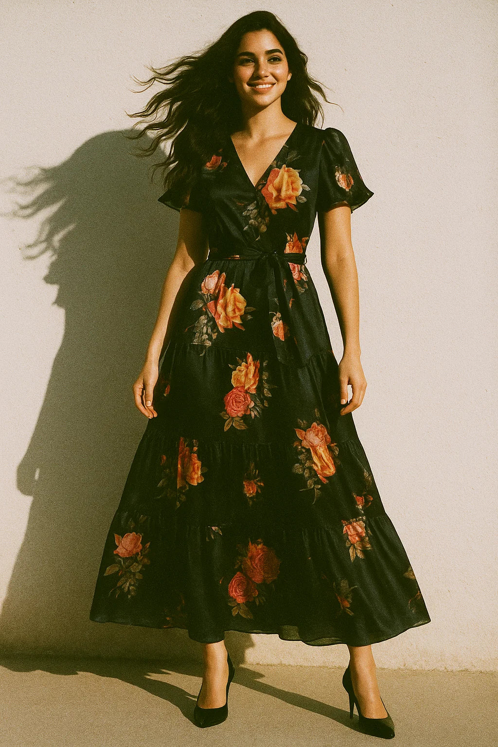 Dominant Yellow And Red Rose Digital Printed Fabric - Japan Satin