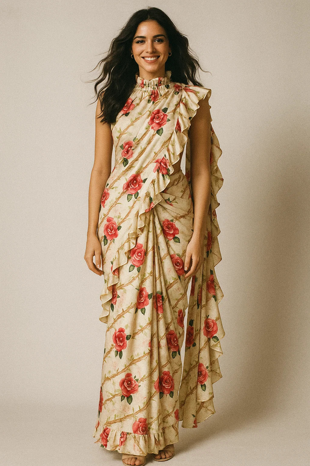 Autumnal Red Roses With Leaves Digital Printed Fabric - Japan Satin