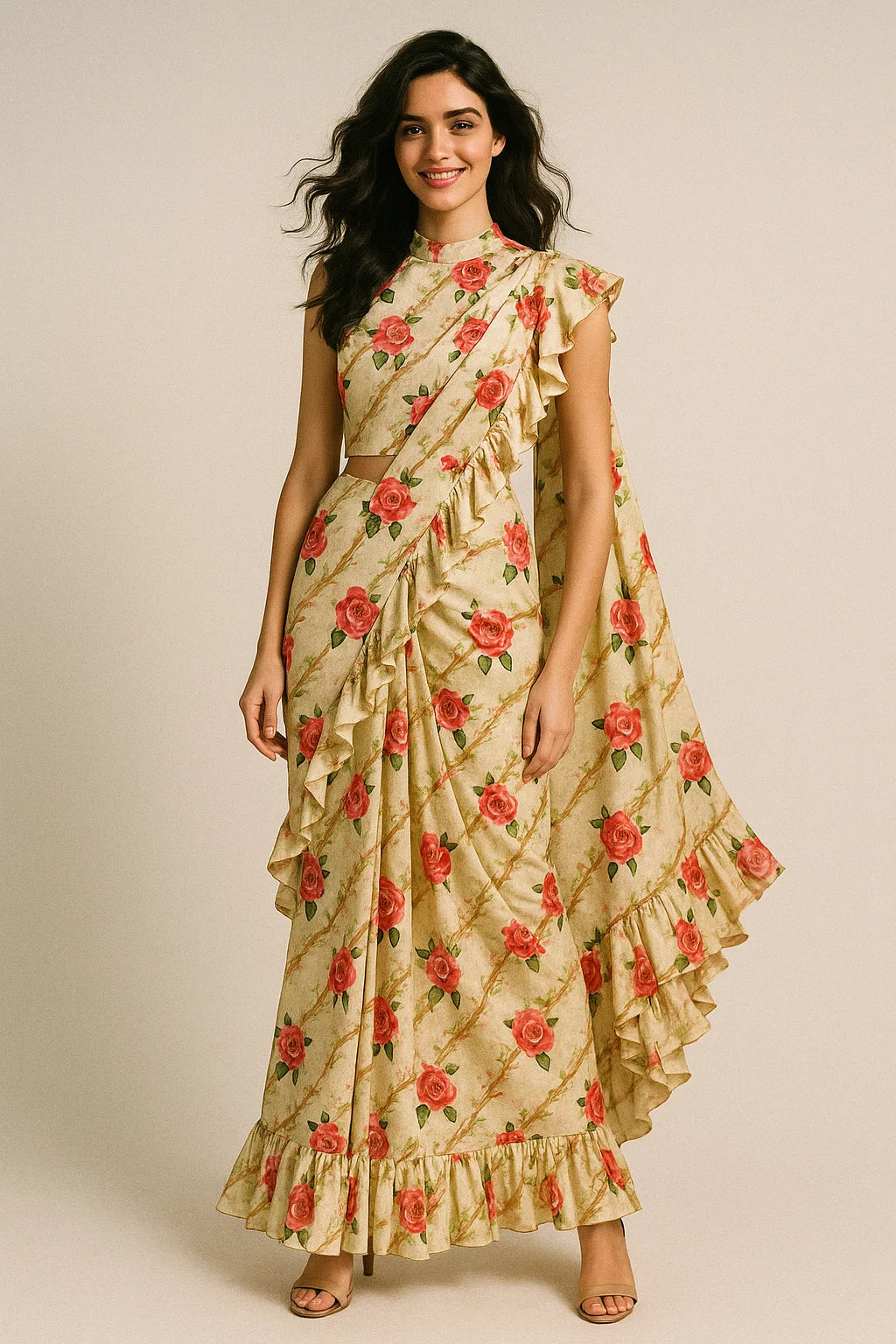 Autumnal Red Roses With Leaves Digital Printed Fabric - Japan Satin