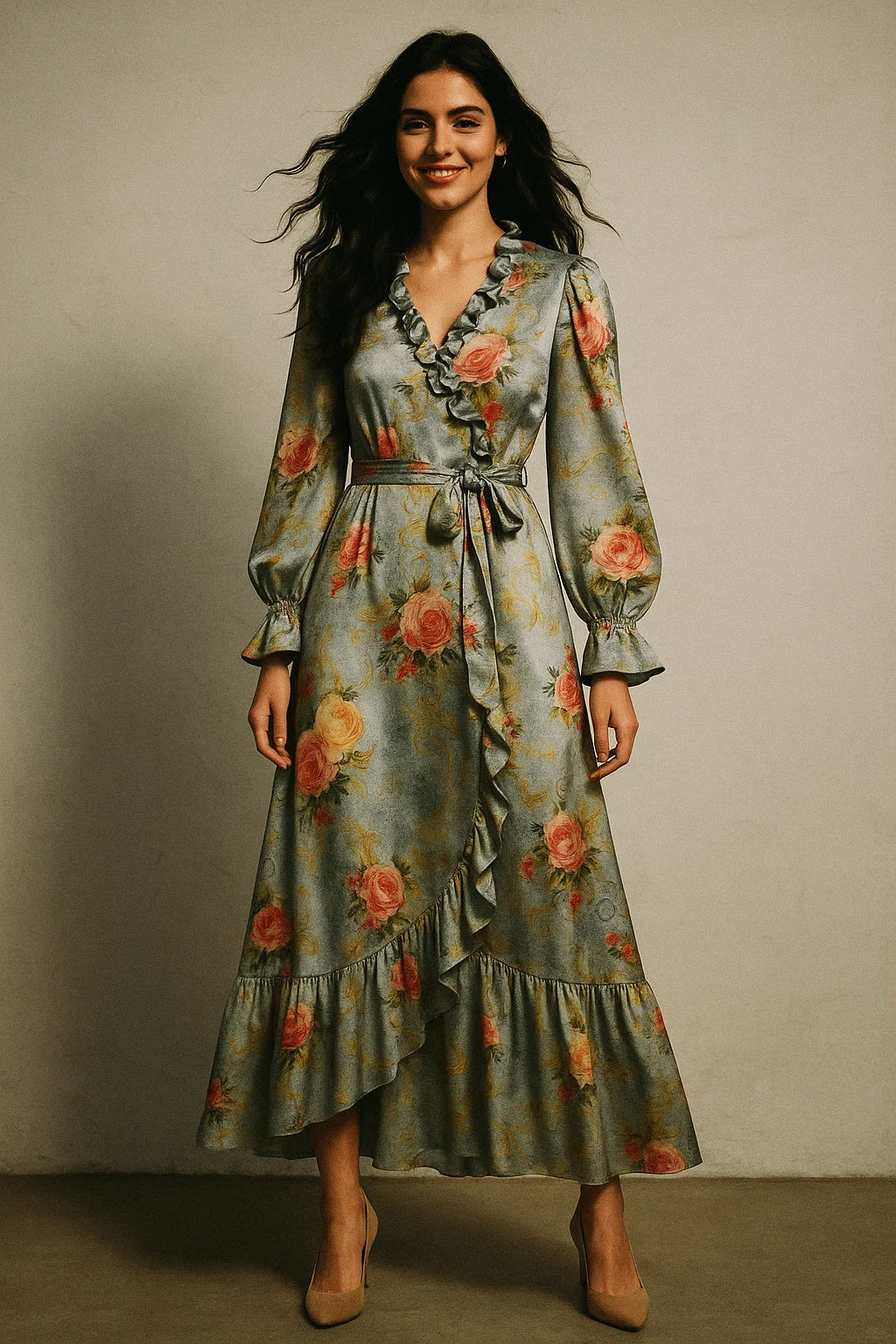 Bright Vintage Pink With Orange Rose Digital Printed Fabric - Japan Satin