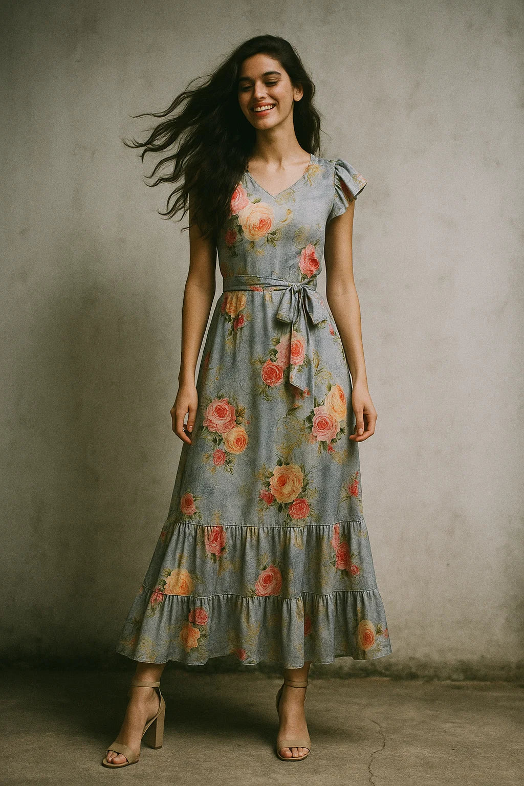 Bright Vintage Pink With Orange Rose Digital Printed Fabric - Japan Satin