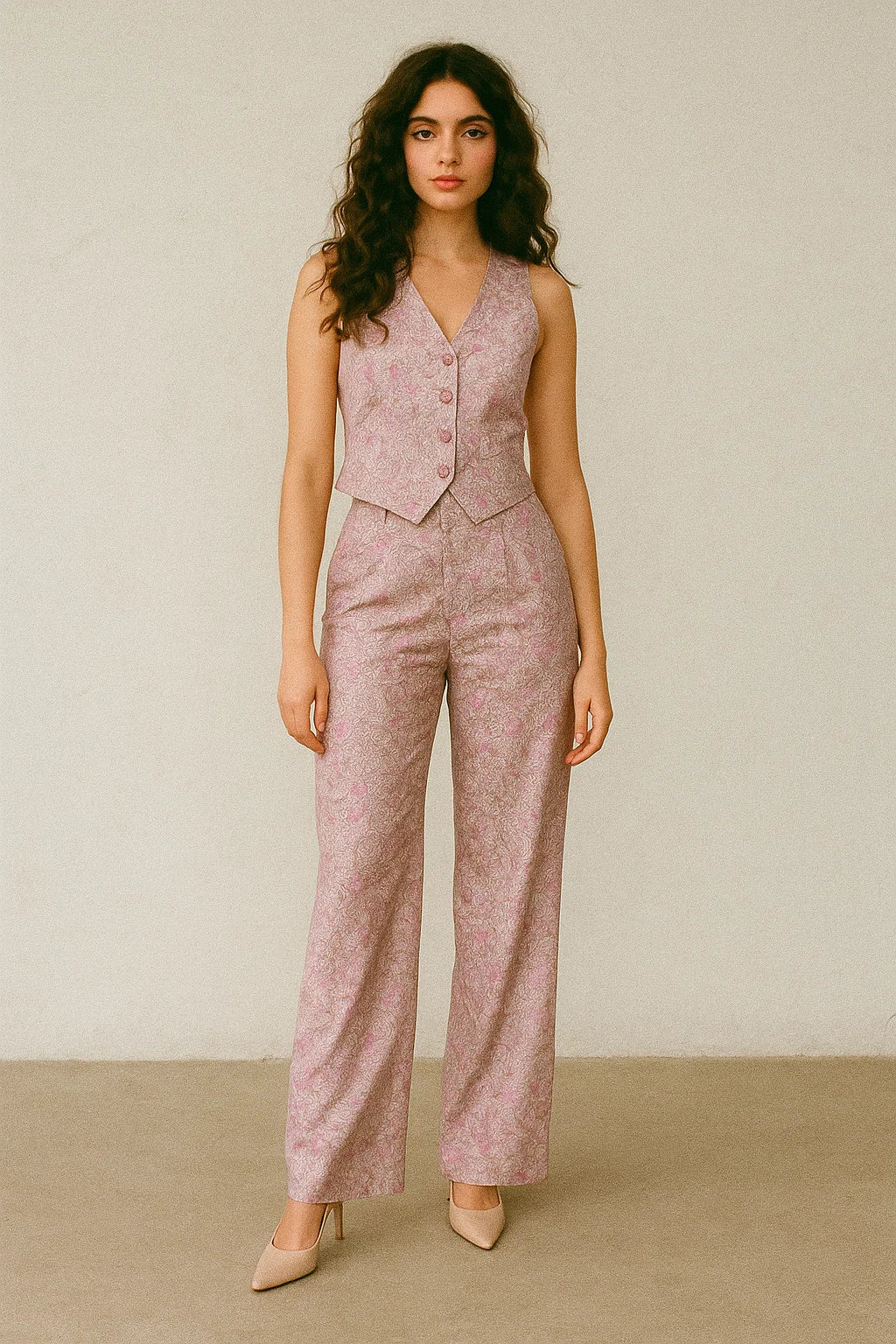 Festive Curve Design Pink Doted Flower Digital Printed Fabric - Japan Satin