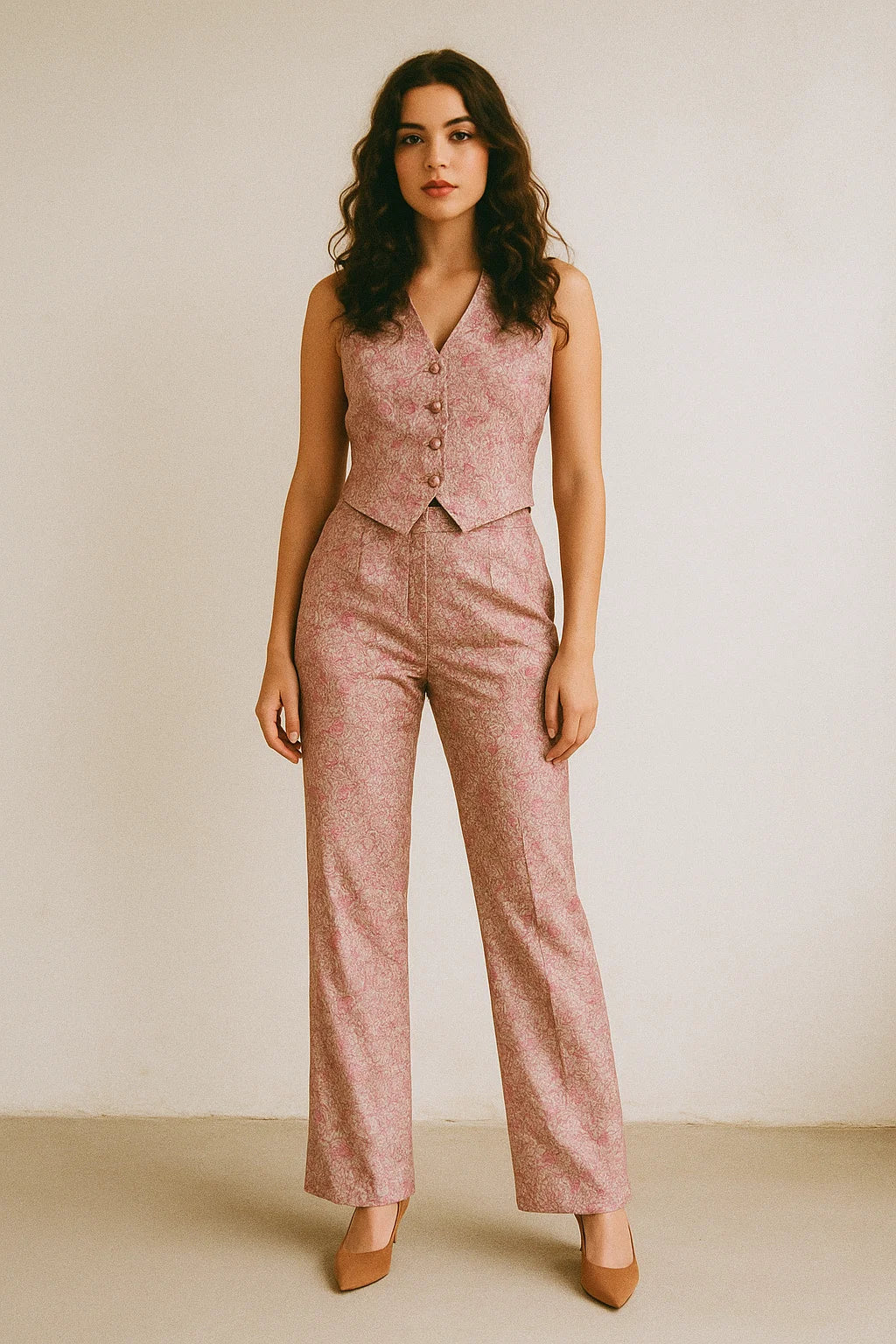 Festive Curve Design Pink Doted Flower Digital Printed Fabric - Japan Satin