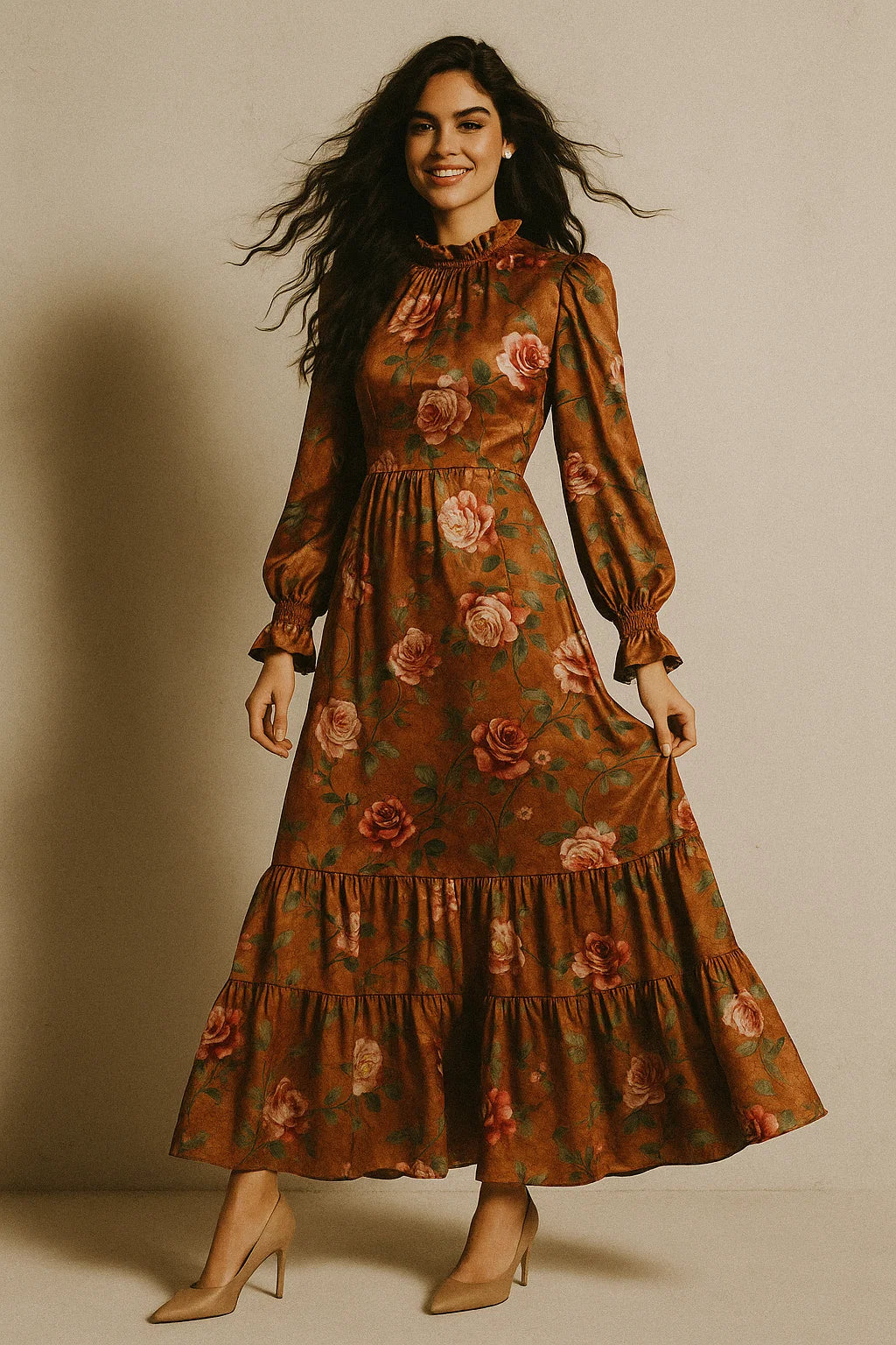 Oil Painted Flowers On Brown Digital Printed Fabric - Japan Satin