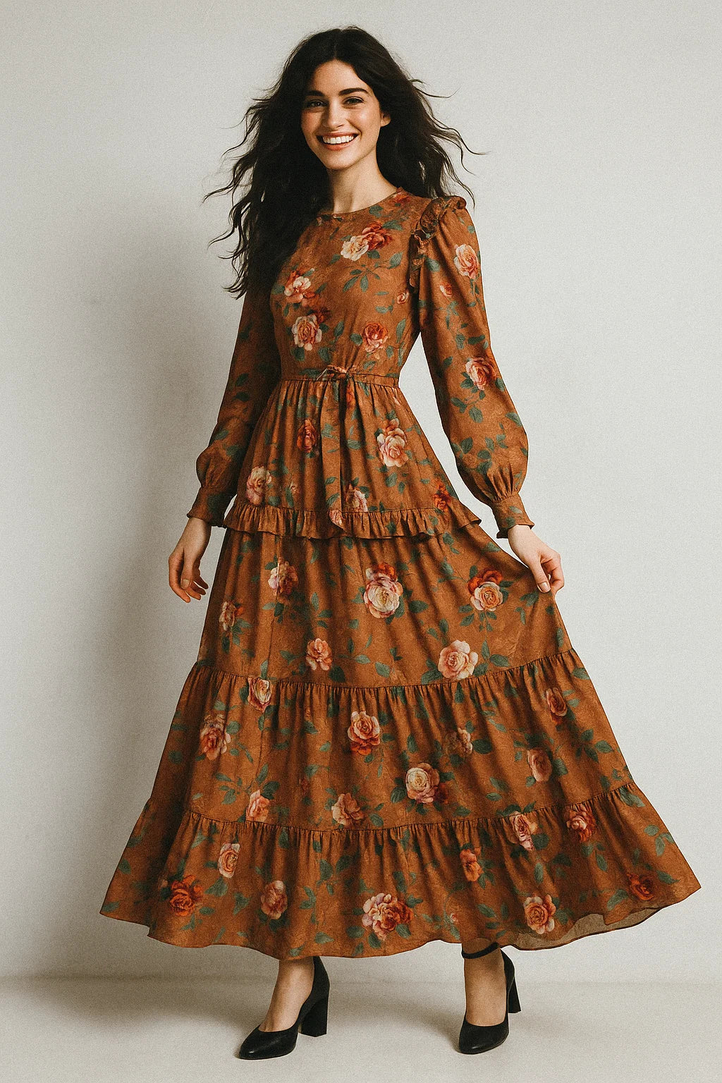 Oil Painted Flowers On Brown Digital Printed Fabric - Japan Satin