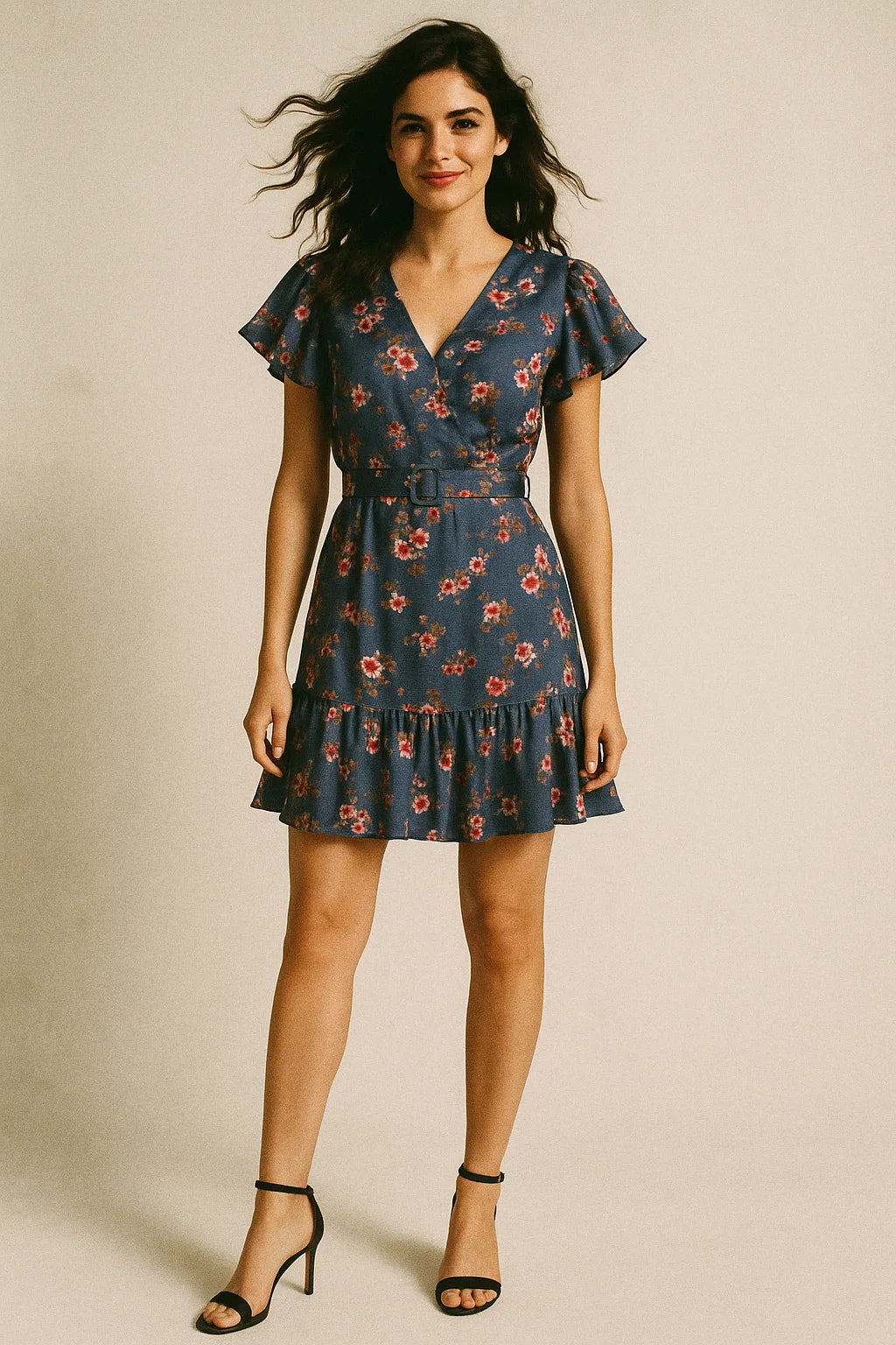 Pinkish Flowers With Neavy Blue Digital Printed Fabric - Japan Satin