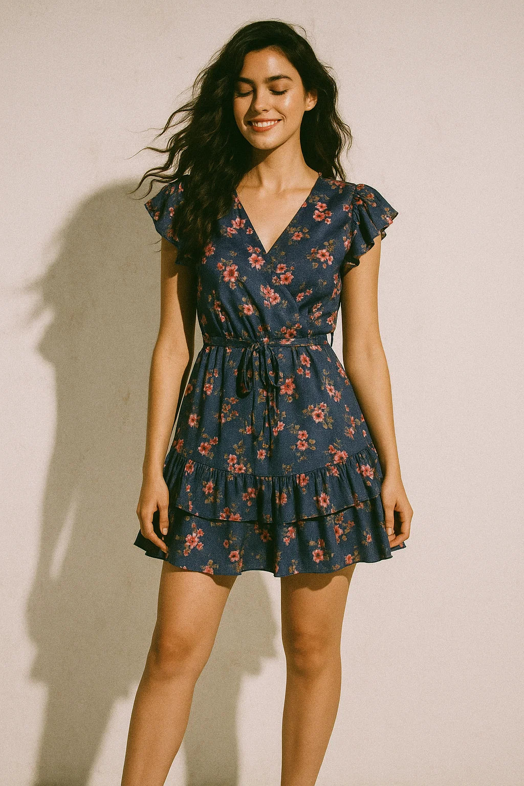 Pinkish Flowers With Neavy Blue Digital Printed Fabric - Japan Satin