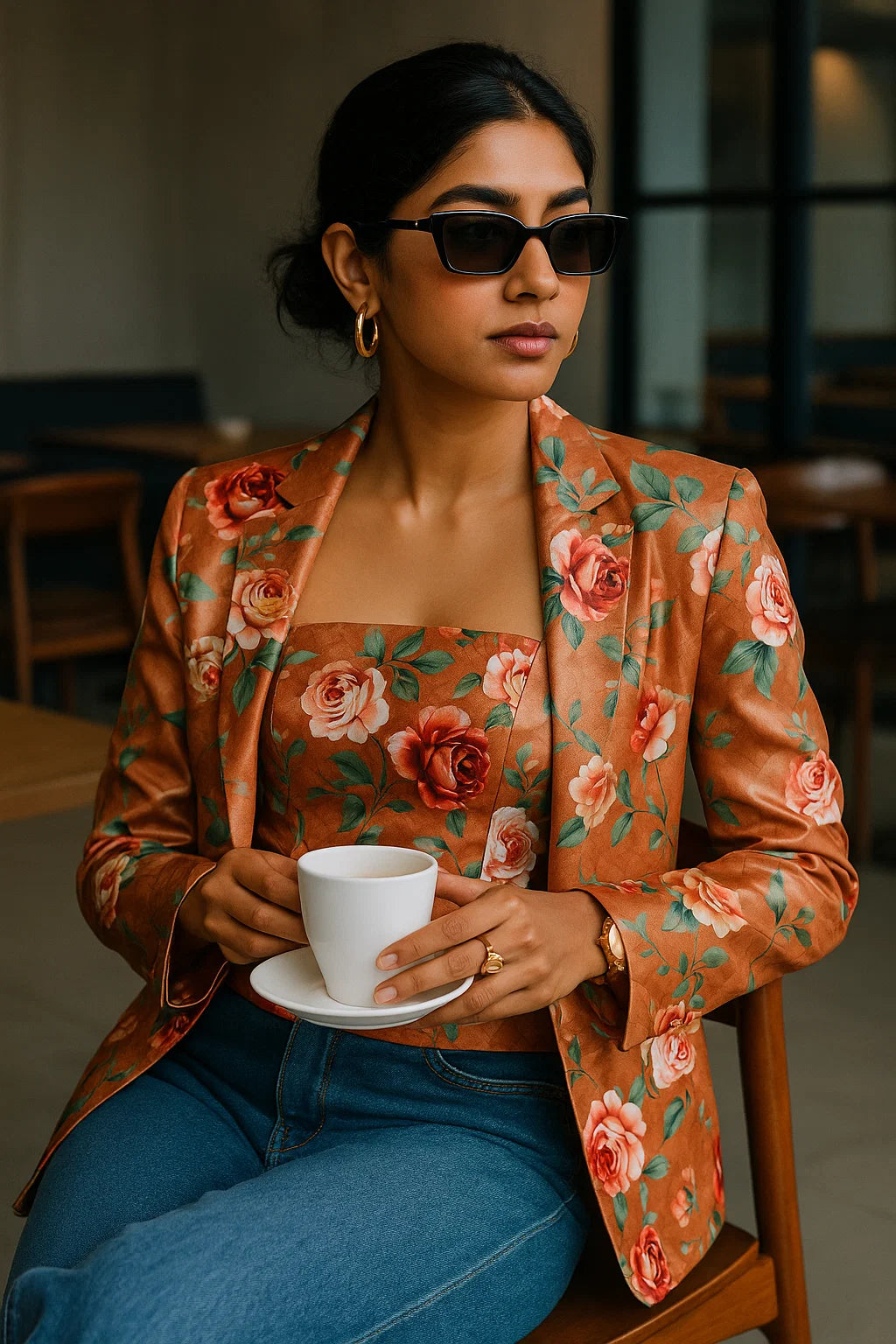 Oil Painted Flowers On Brown Digital Printed Fabric - Japan Satin