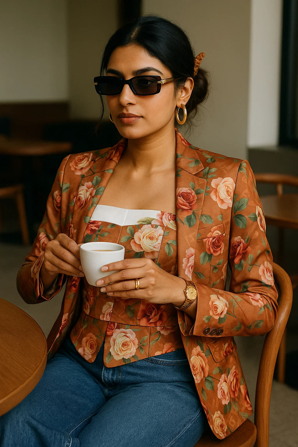 Oil Painted Flowers On Brown Digital Printed Fabric - Japan Satin