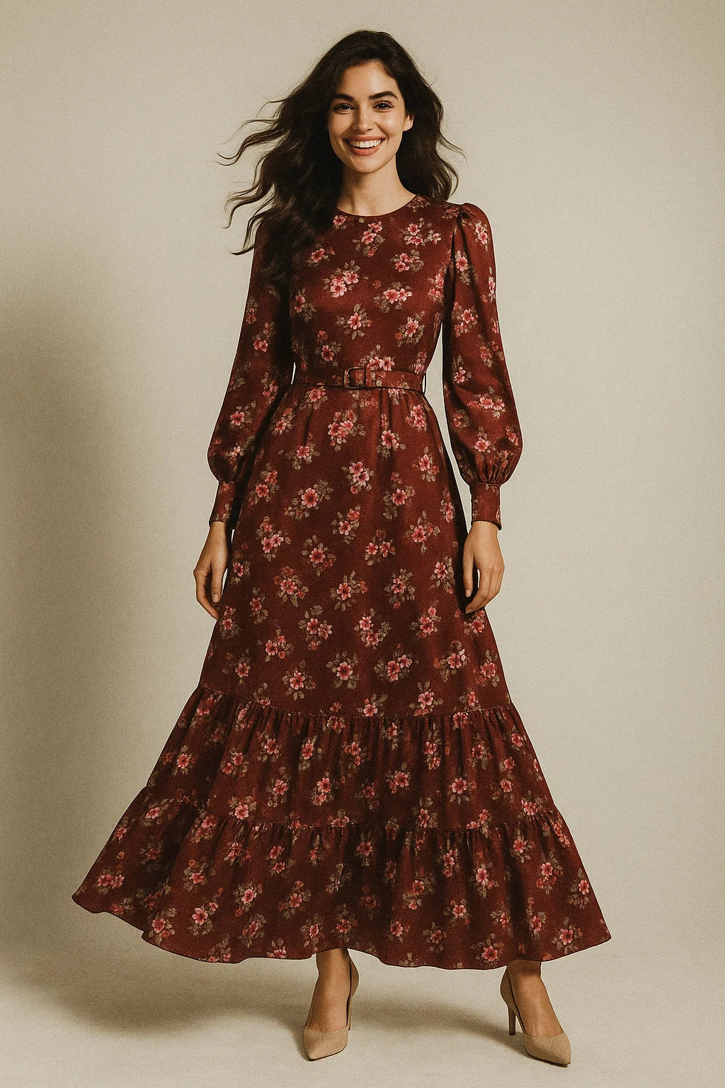 Floating Flowers With Marron Red Digital Printed Fabric - Japan Satin