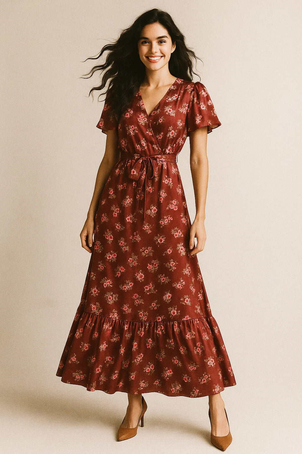 Floating Flowers With Marron Red Digital Printed Fabric - Japan Satin