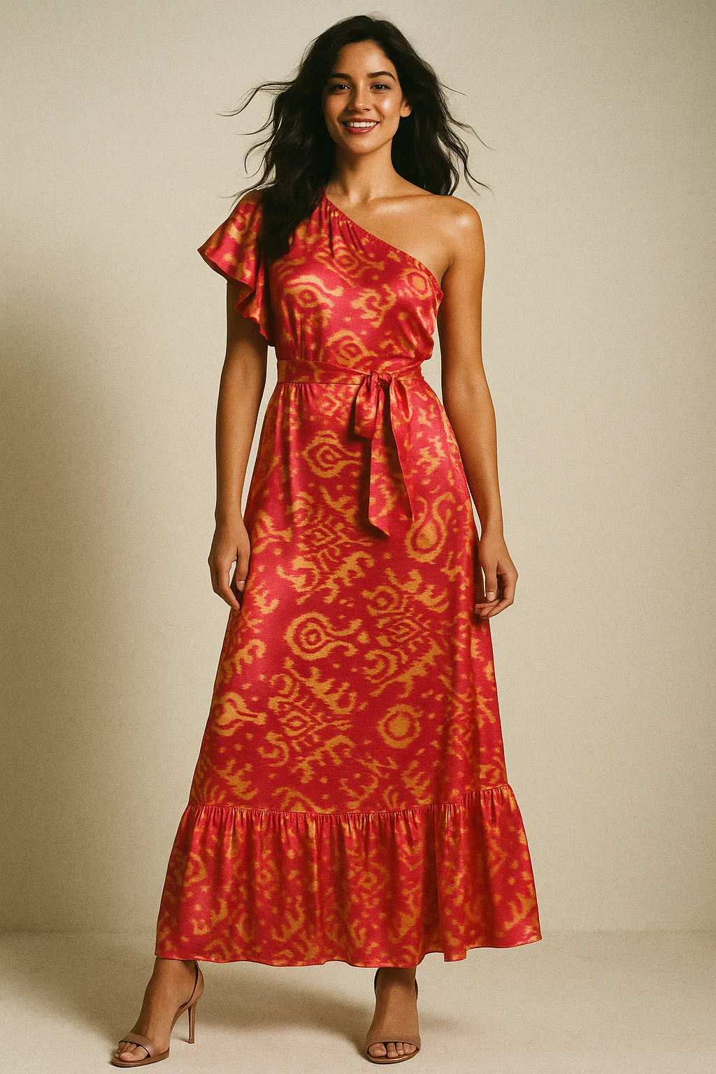 Tribal Prints On Carrot Red Digital Printed Fabric  - Japan Satin