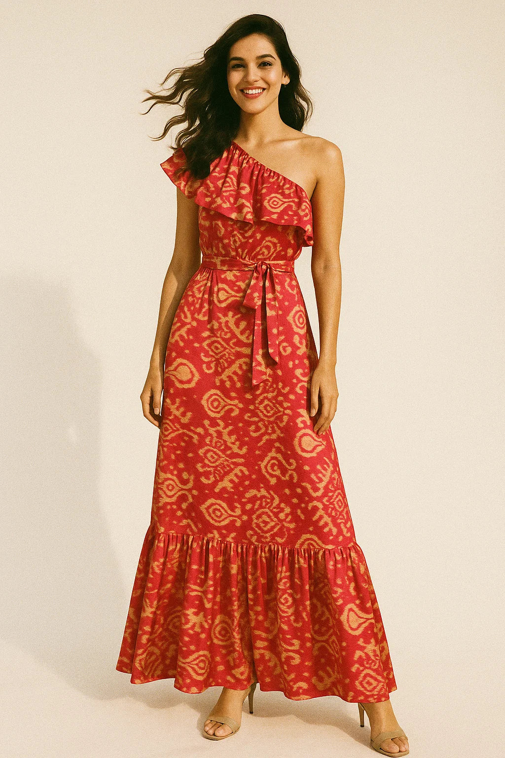 Tribal Prints On Carrot Red Digital Printed Fabric  - Japan Satin