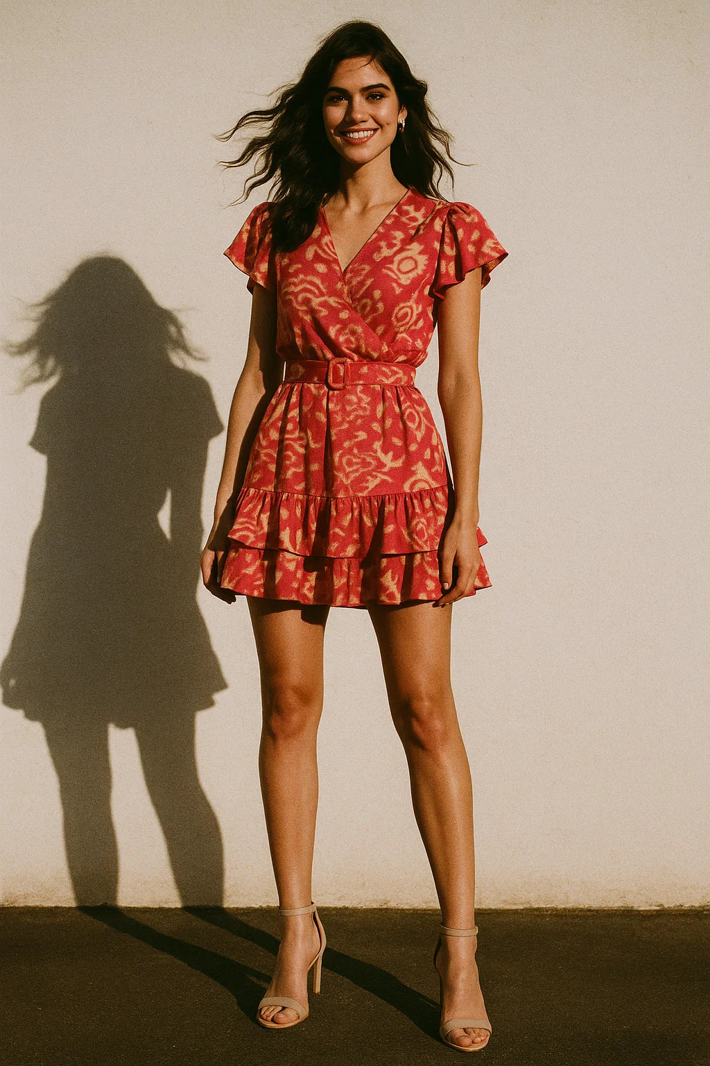 Tribal Prints On Carrot Red Digital Printed Fabric  - Japan Satin