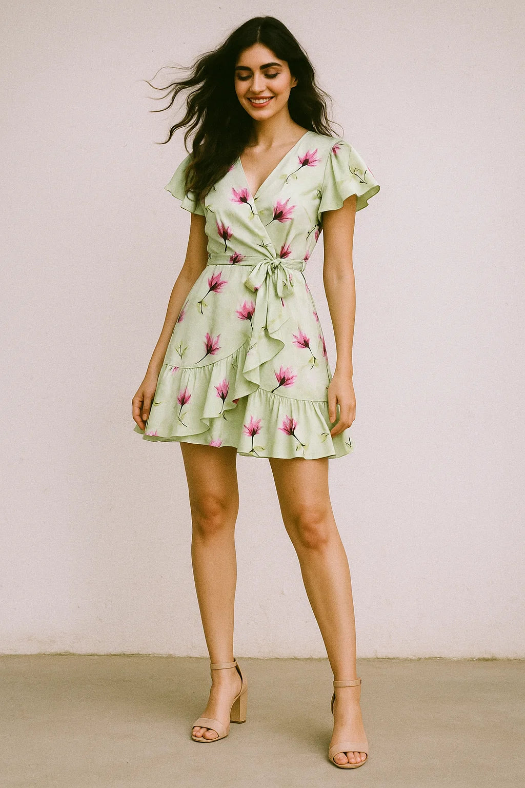 Pink Red Floating Flower On Lemon Yellow Digital Printed Fabric  - Japan Satin