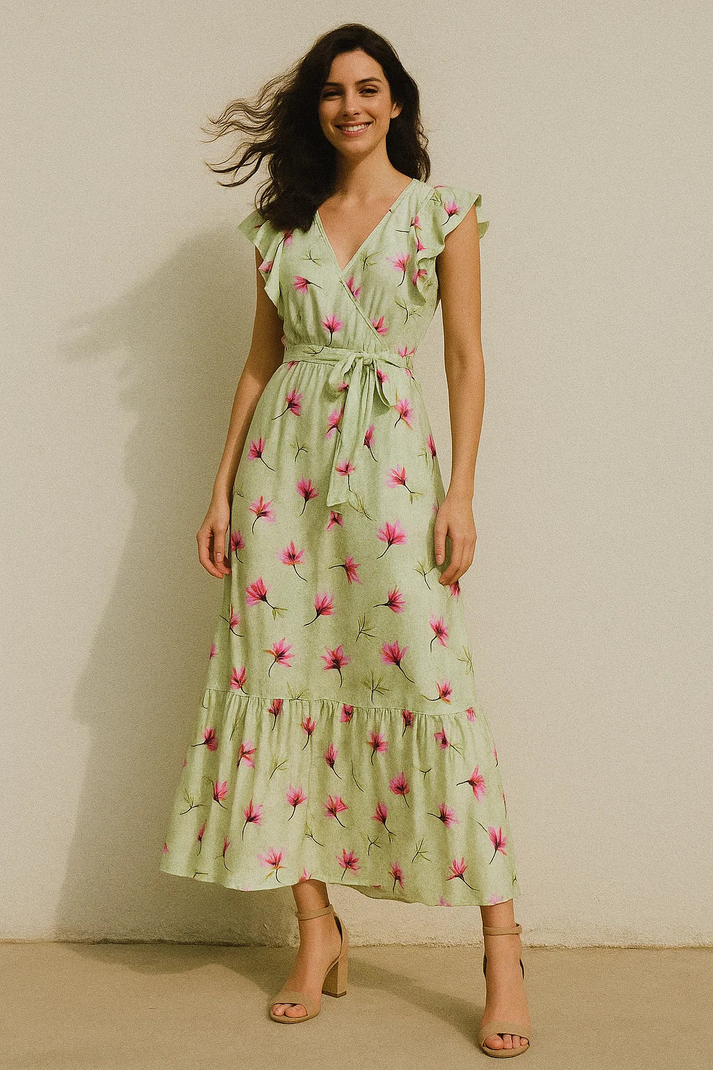 Pink Red Floating Flower On Lemon Yellow Digital Printed Fabric  - Japan Satin