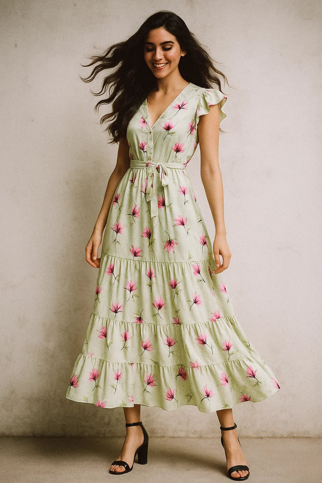 Pink Red Floating Flower On Lemon Yellow Digital Printed Fabric  - Japan Satin