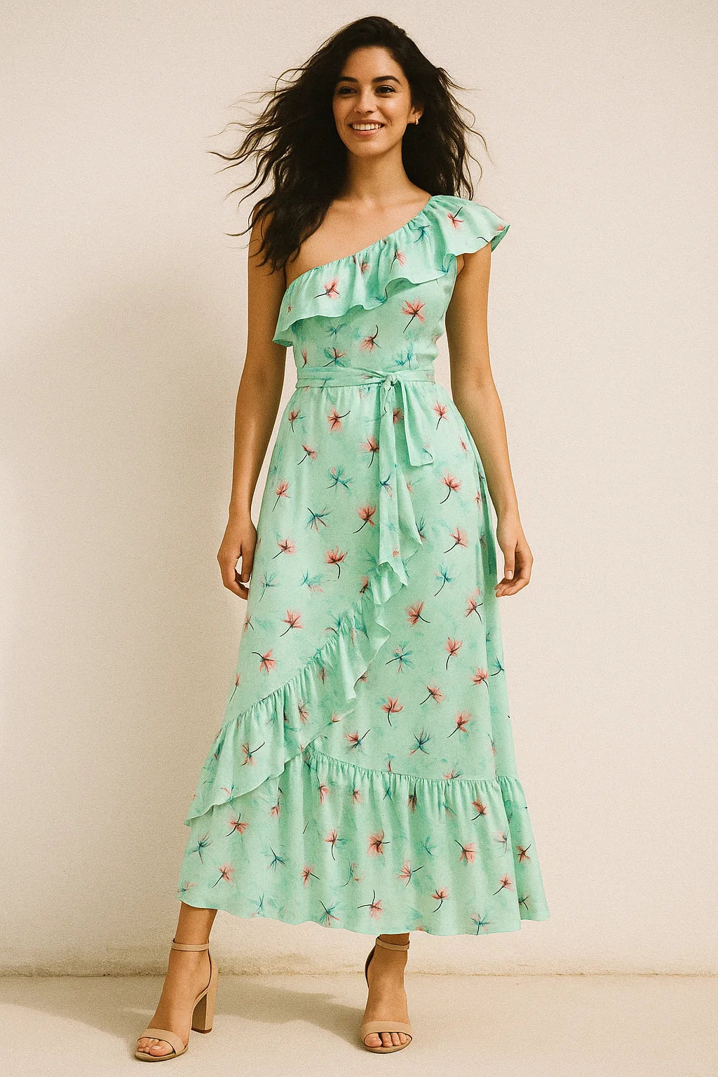 Brown Floating Flower On Rama Green Digital Printed Fabric  - Japan Satin