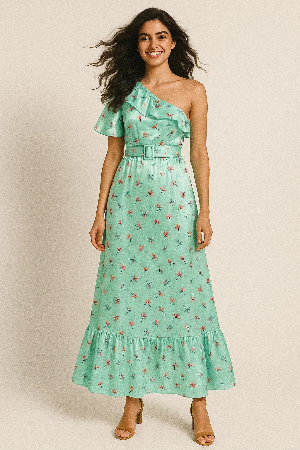 Brown Floating Flower On Rama Green Digital Printed Fabric  - Japan Satin