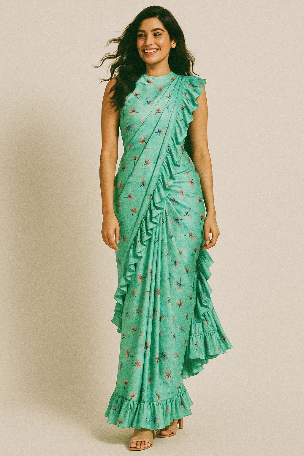 Brown Floating Flower On Rama Green Digital Printed Fabric  - Japan Satin