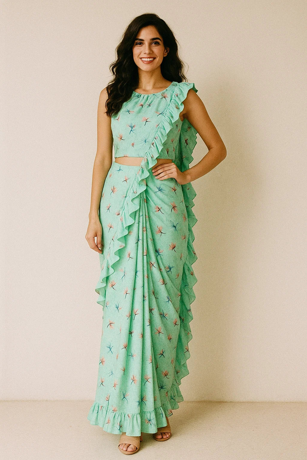 Brown Floating Flower On Rama Green Digital Printed Fabric  - Japan Satin