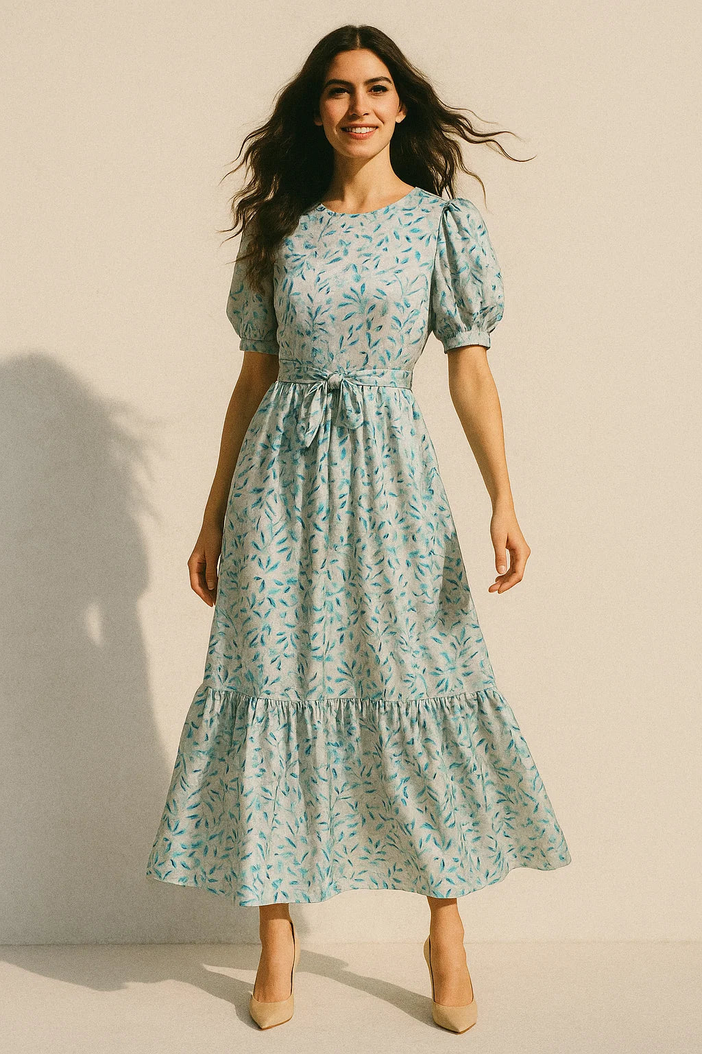 Green And Bluish Leaves Motif Digital Printed Fabric  - Japan Satin