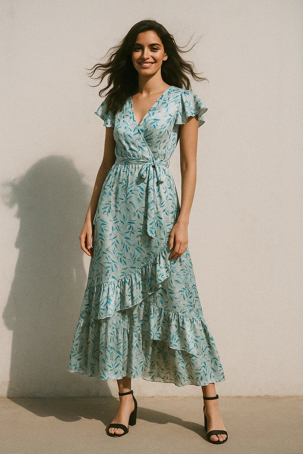 Green And Bluish Leaves Motif Digital Printed Fabric  - Japan Satin