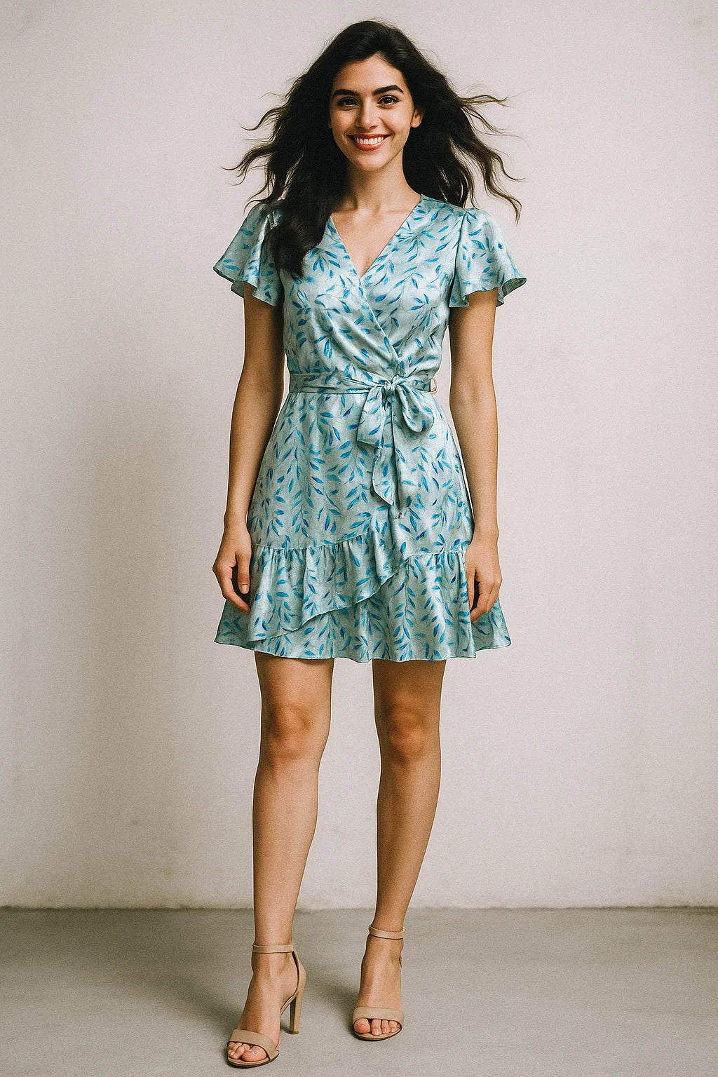 Green And Bluish Leaves Motif Digital Printed Fabric  - Japan Satin