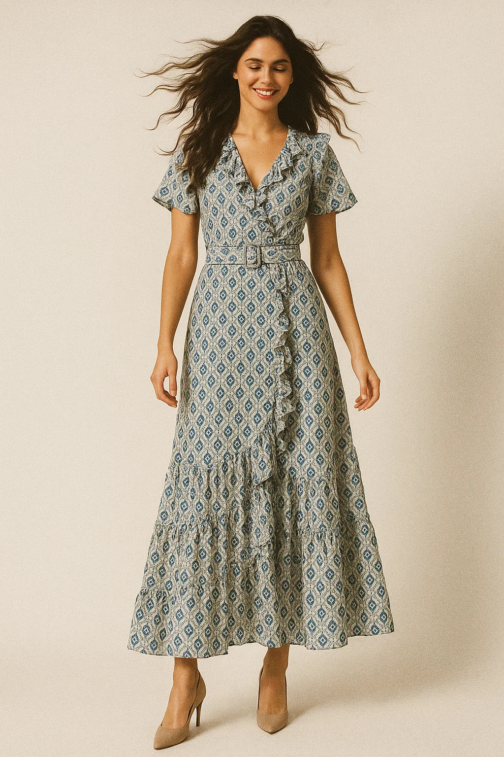 Tiny Blue Medallion Motif Digital Printed Fabric  - Japan Satin