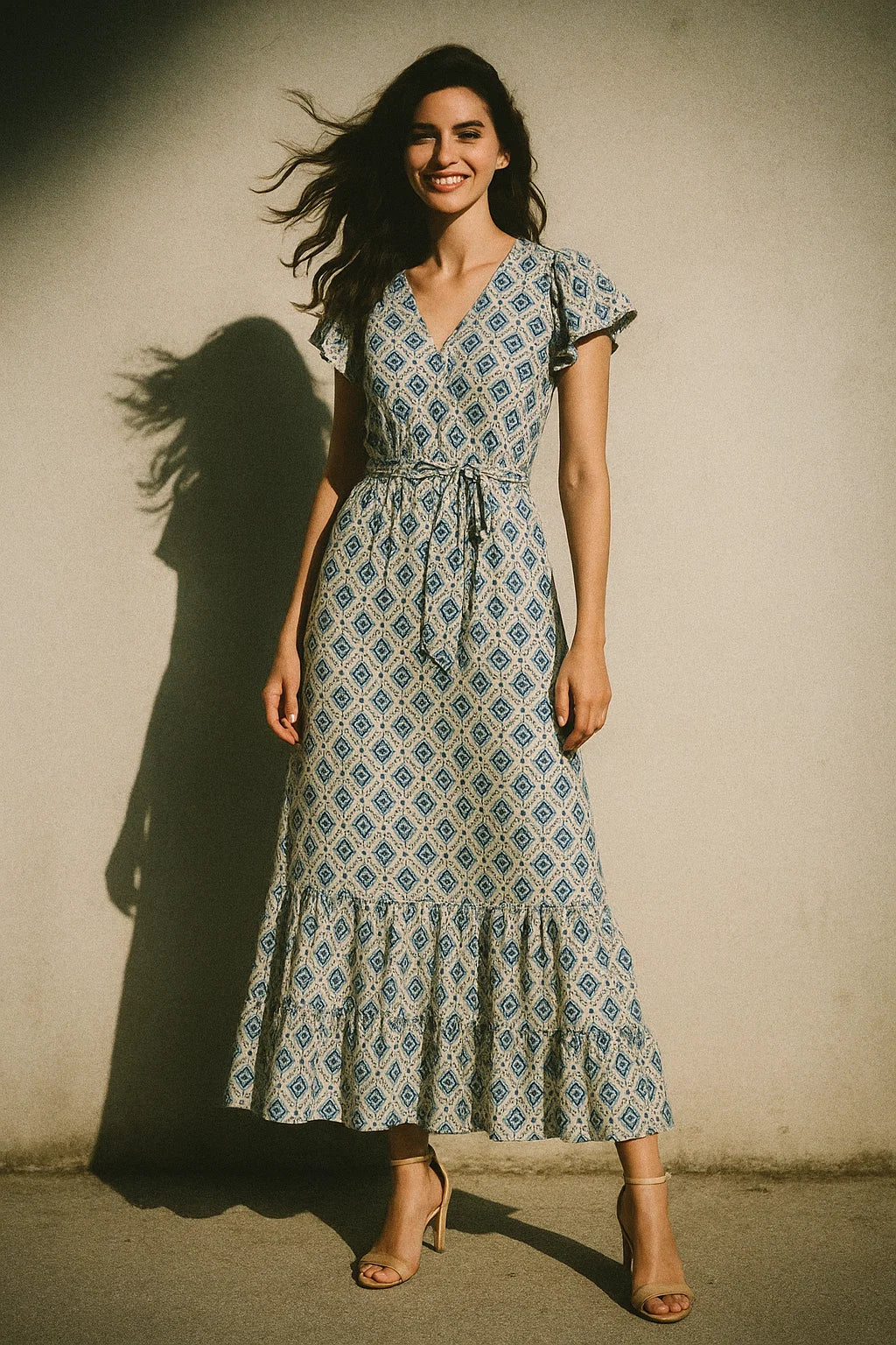 Tiny Blue Medallion Motif Digital Printed Fabric  - Japan Satin