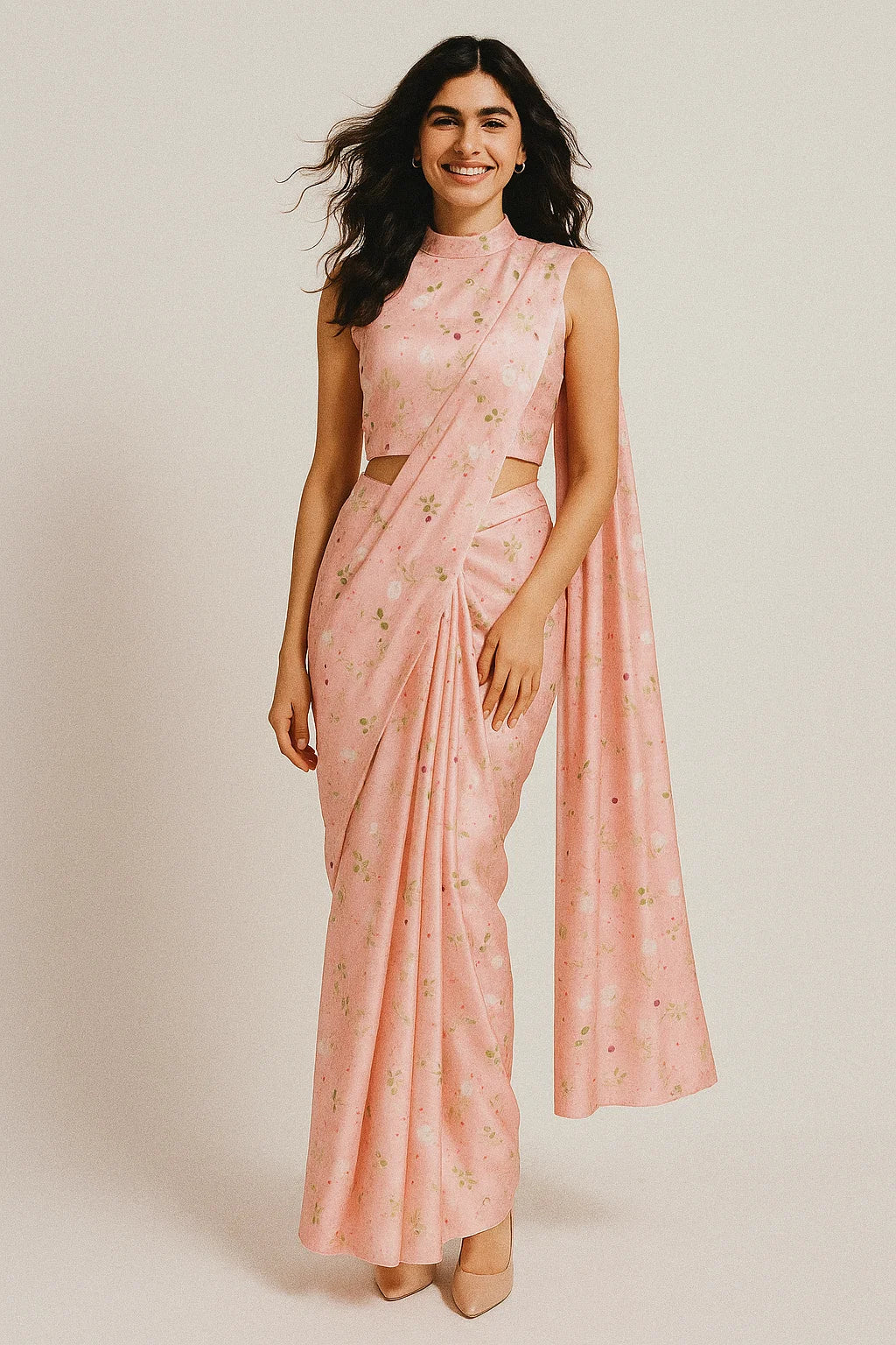 Disty Print On Peach Digital Printed Fabric - Japan Satin