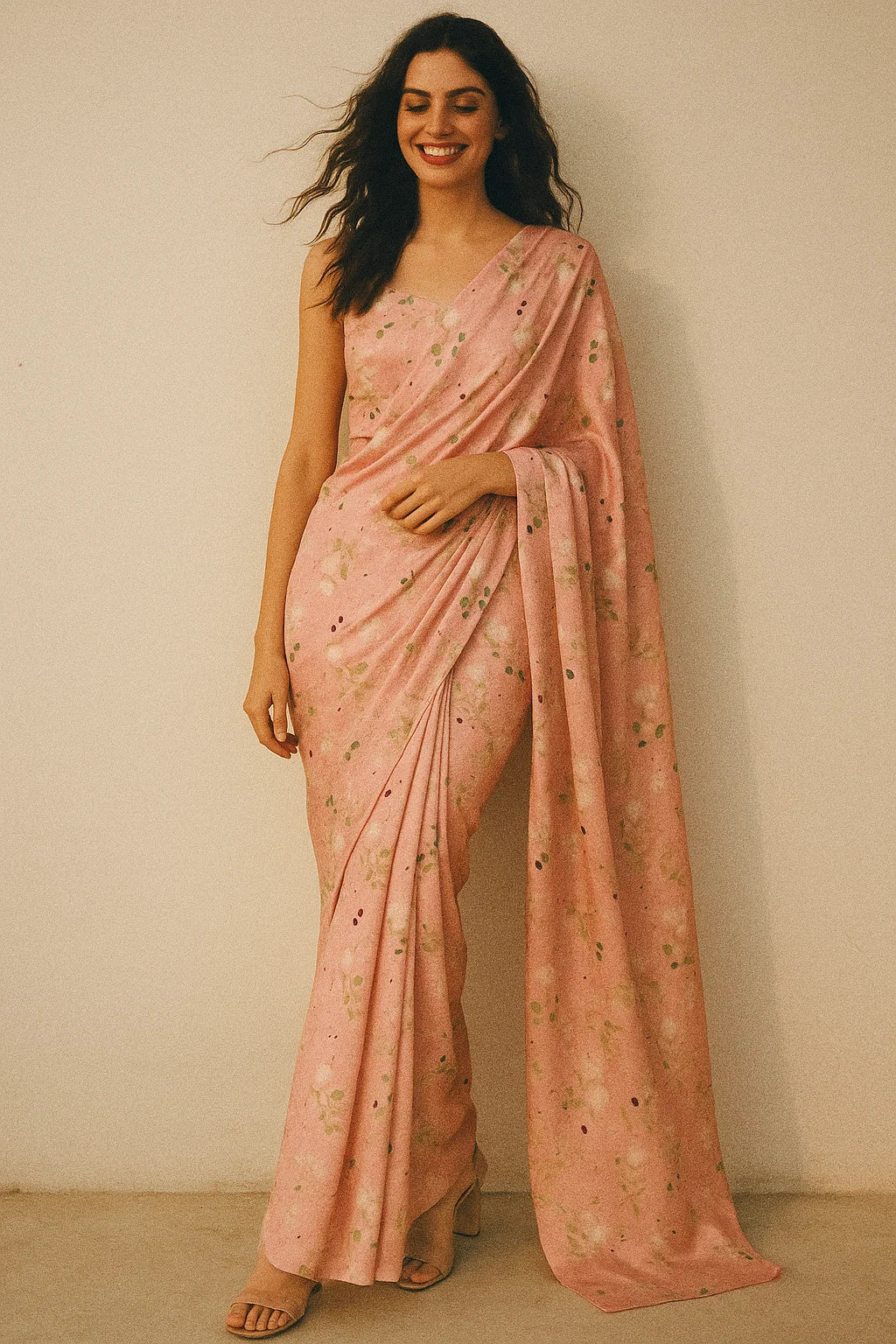 Disty Print On Peach Digital Printed Fabric - Japan Satin