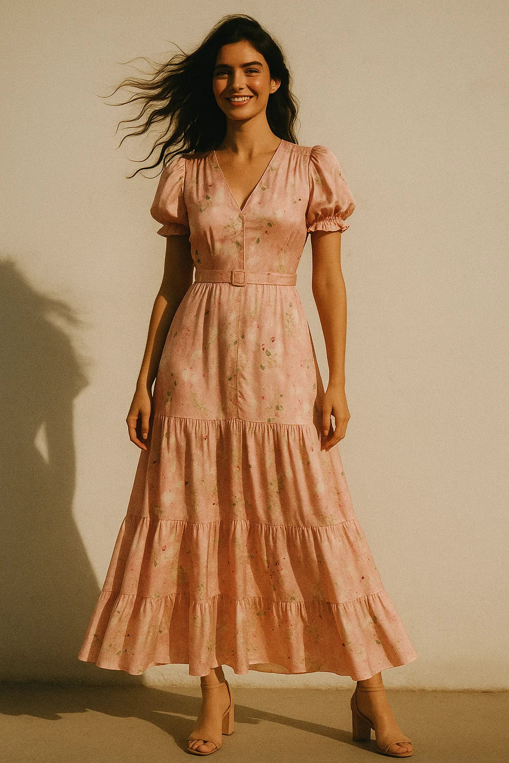 Disty Print On Peach Digital Printed Fabric - Japan Satin