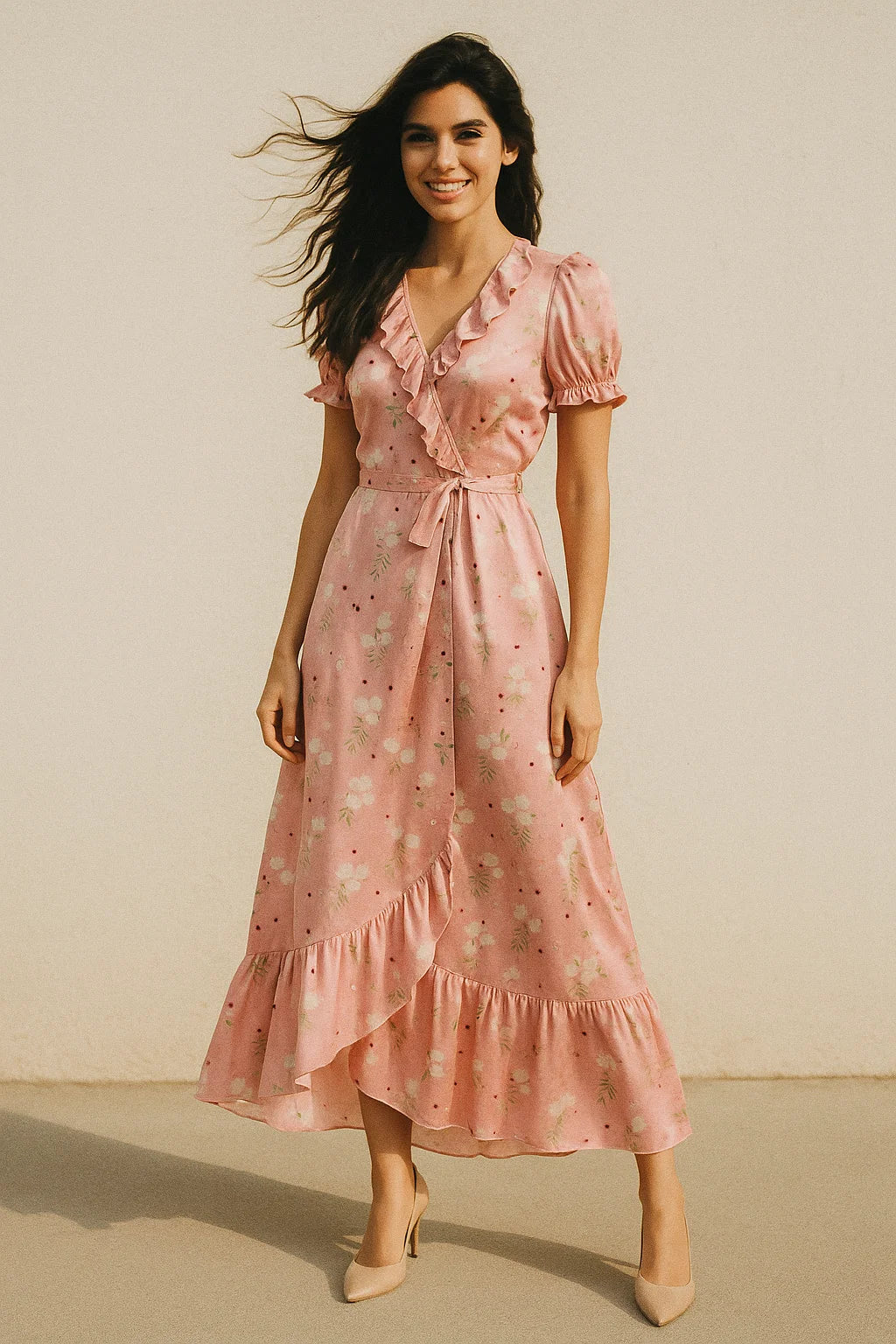 Disty Print On Peach Digital Printed Fabric - Japan Satin