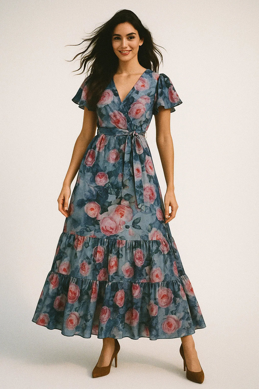 Pink And Peach Rose Allover Digital Printed Fabric - Japan Satin