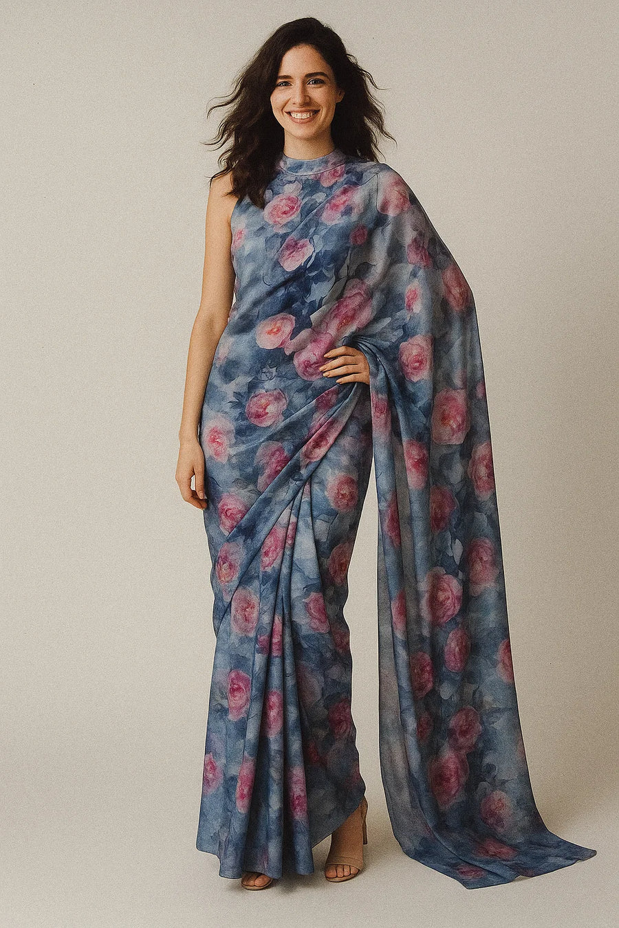 Pink And Peach Rose Allover Digital Printed Fabric - Japan Satin