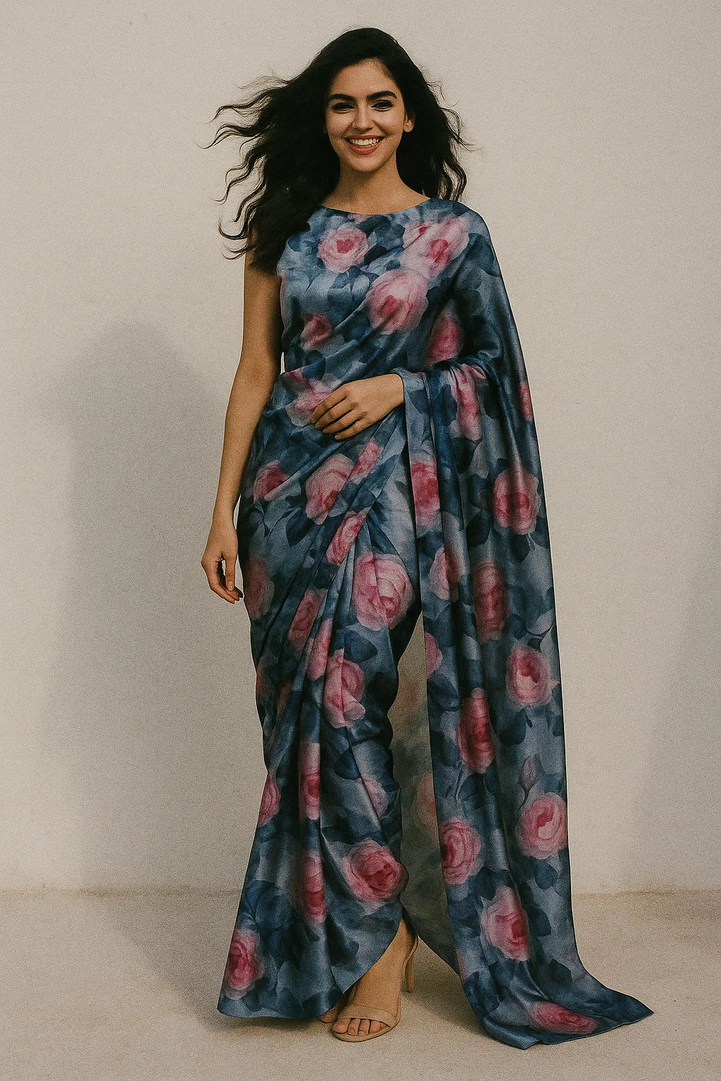 Pink And Peach Rose Allover Digital Printed Fabric - Japan Satin