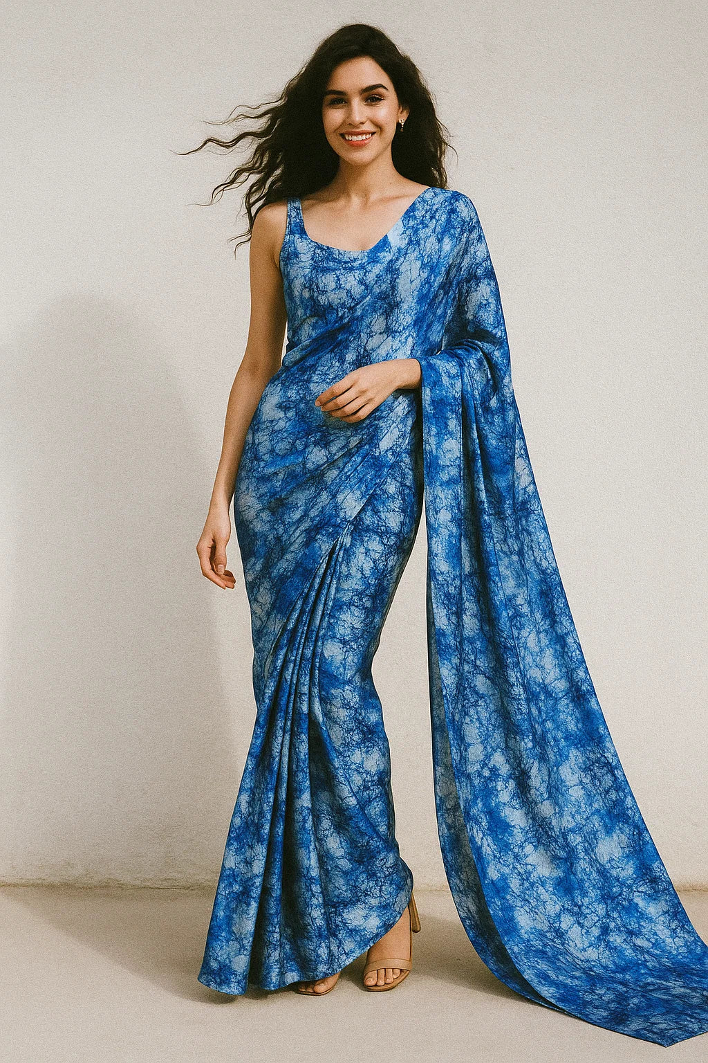 Blue Artistic Abstract Digital Printed Fabric - Japan Satin