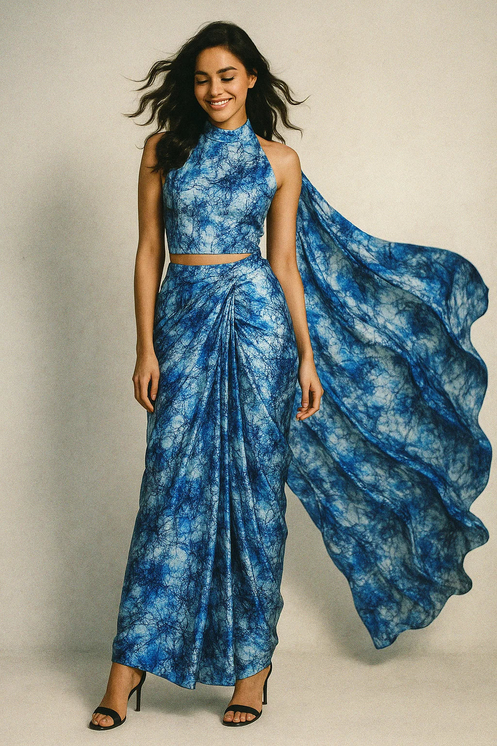 Blue Artistic Abstract Digital Printed Fabric - Japan Satin