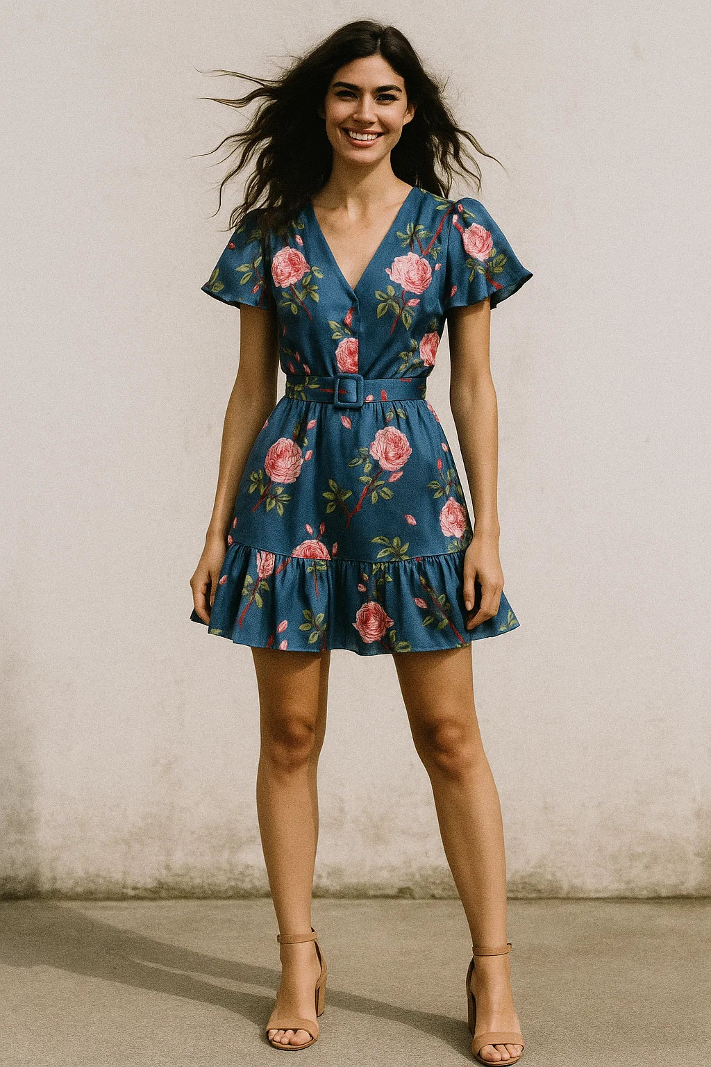 Red Rose Laying Over Blue Base Digital Printed Fabric