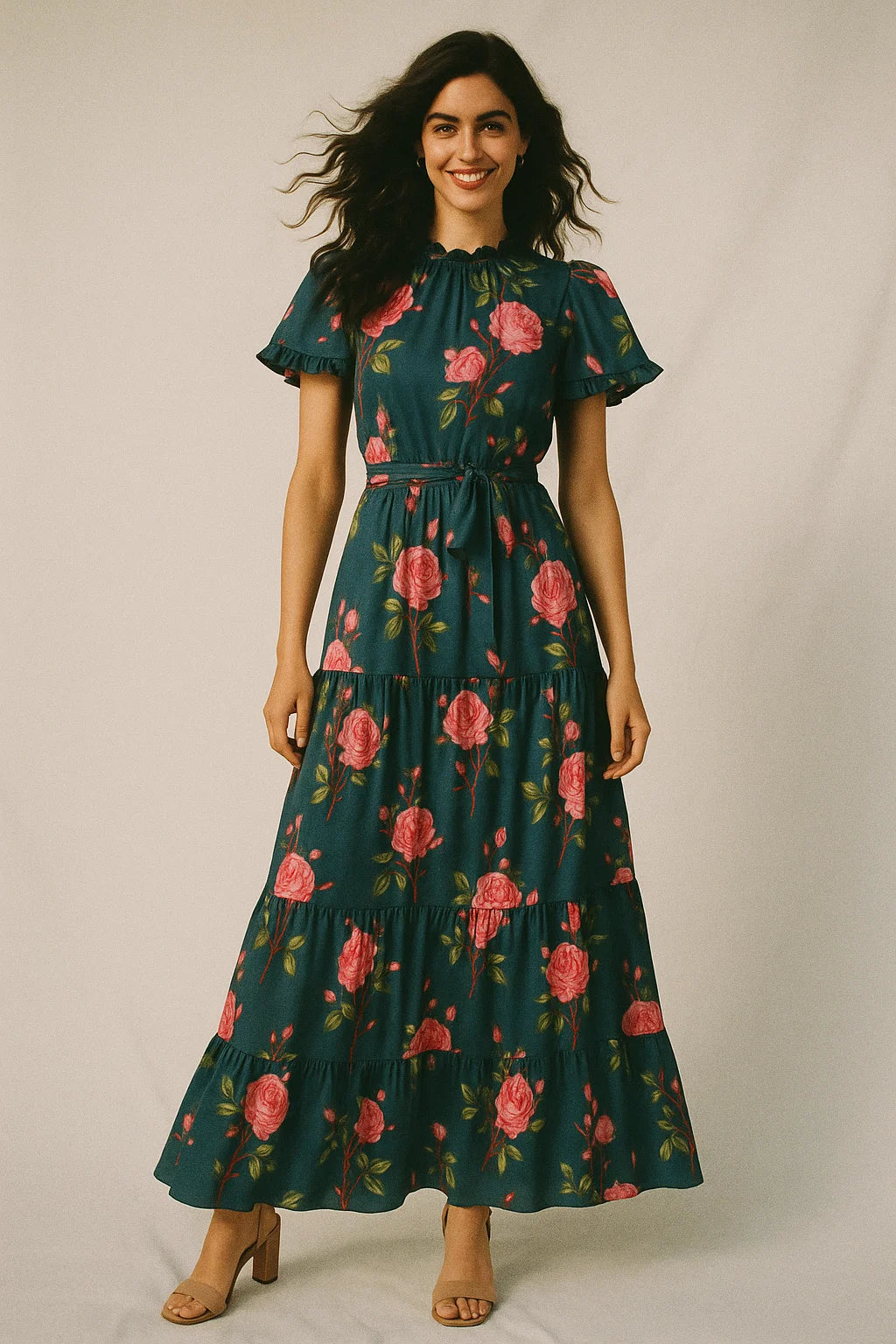 Red Rose Laying Over Blue Base Digital Printed Fabric