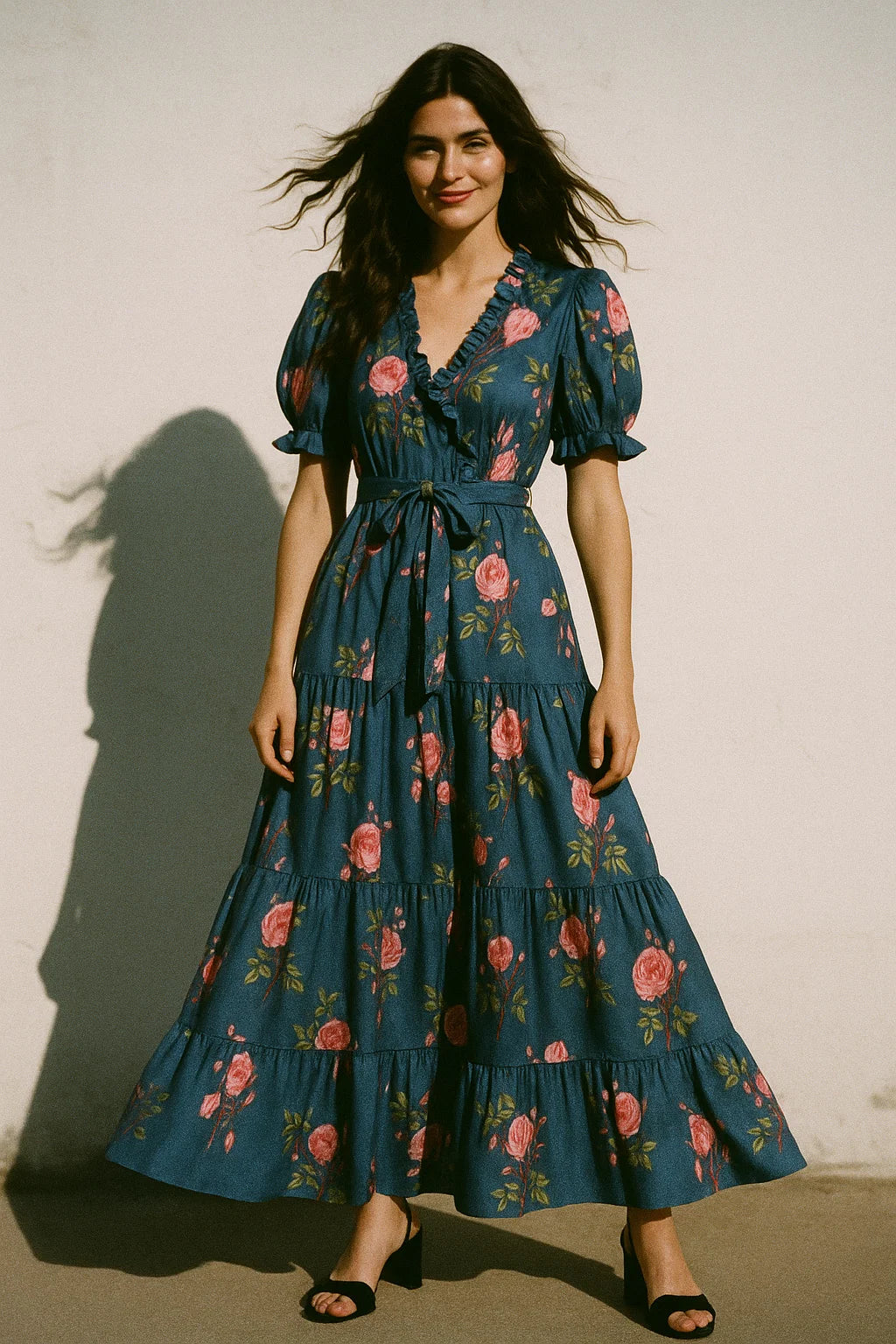 Red Rose Laying Over Blue Base Digital Printed Fabric