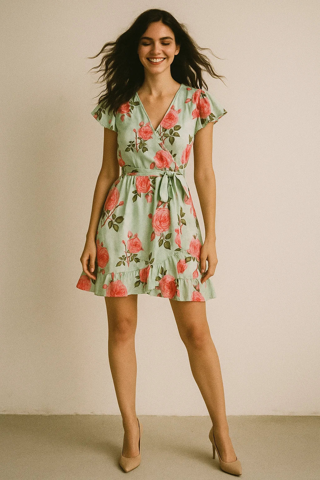 Red Rose Laying on Pista Base Digital Printed Fabric