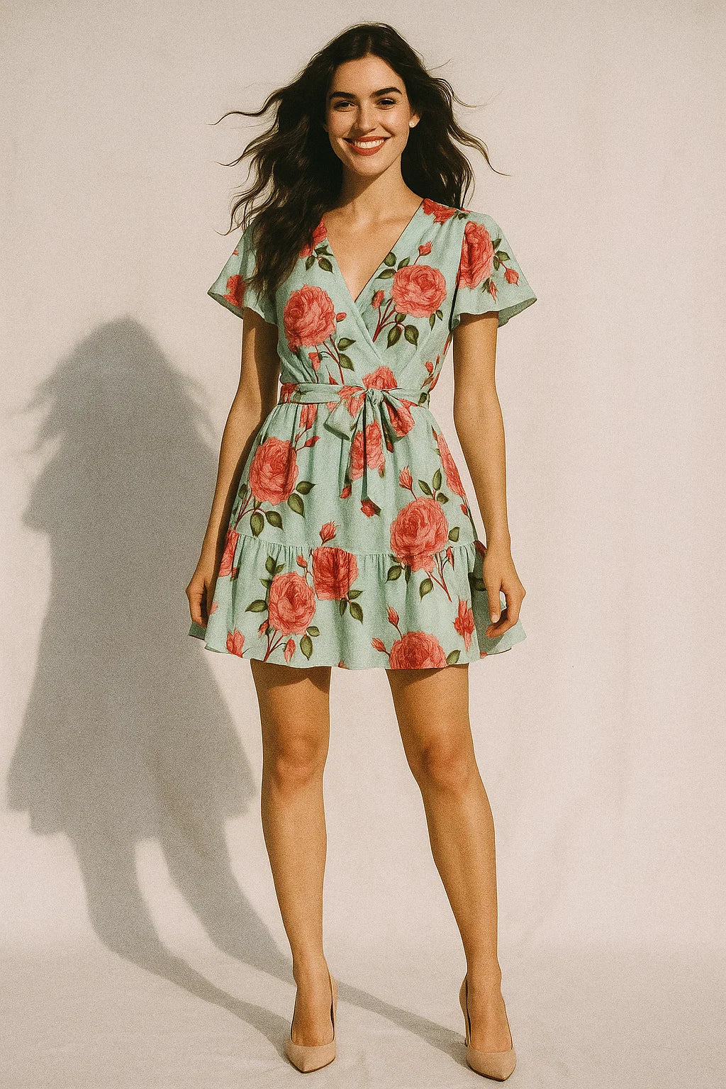 Red Rose Laying on Pista Base Digital Printed Fabric