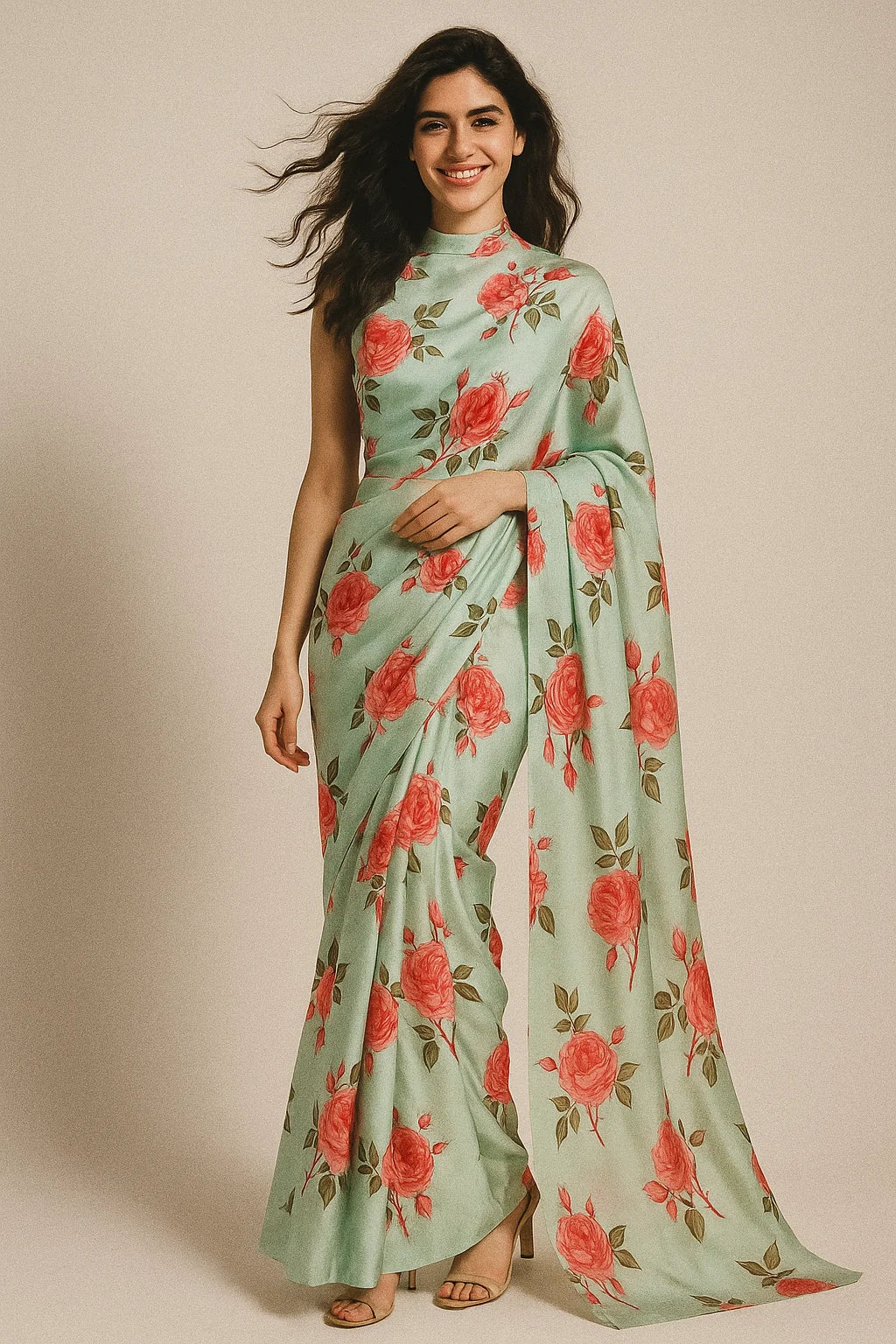 Red Rose Laying on Pista Base Digital Printed Fabric