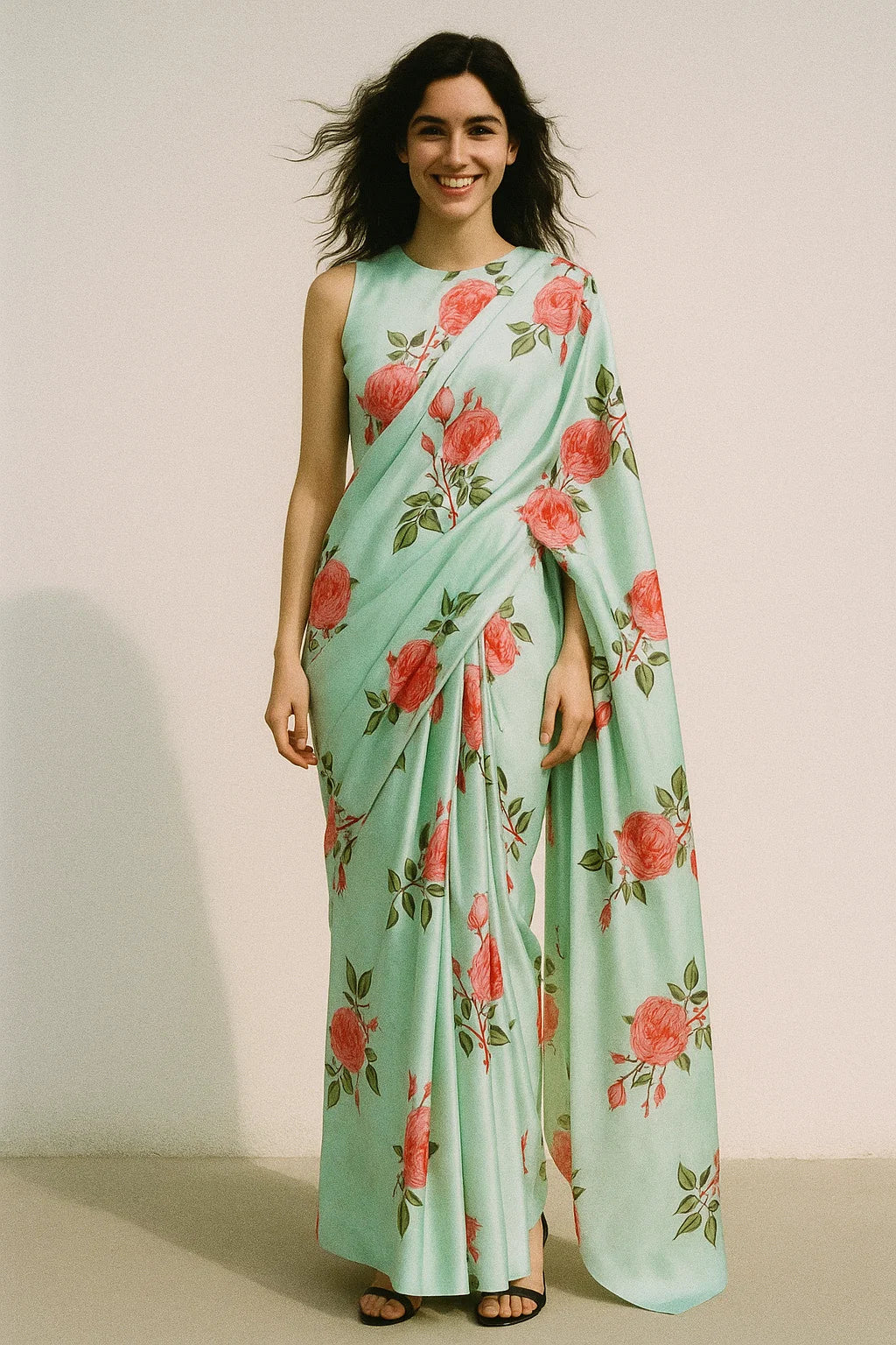 Red Rose Laying on Pista Base Digital Printed Fabric