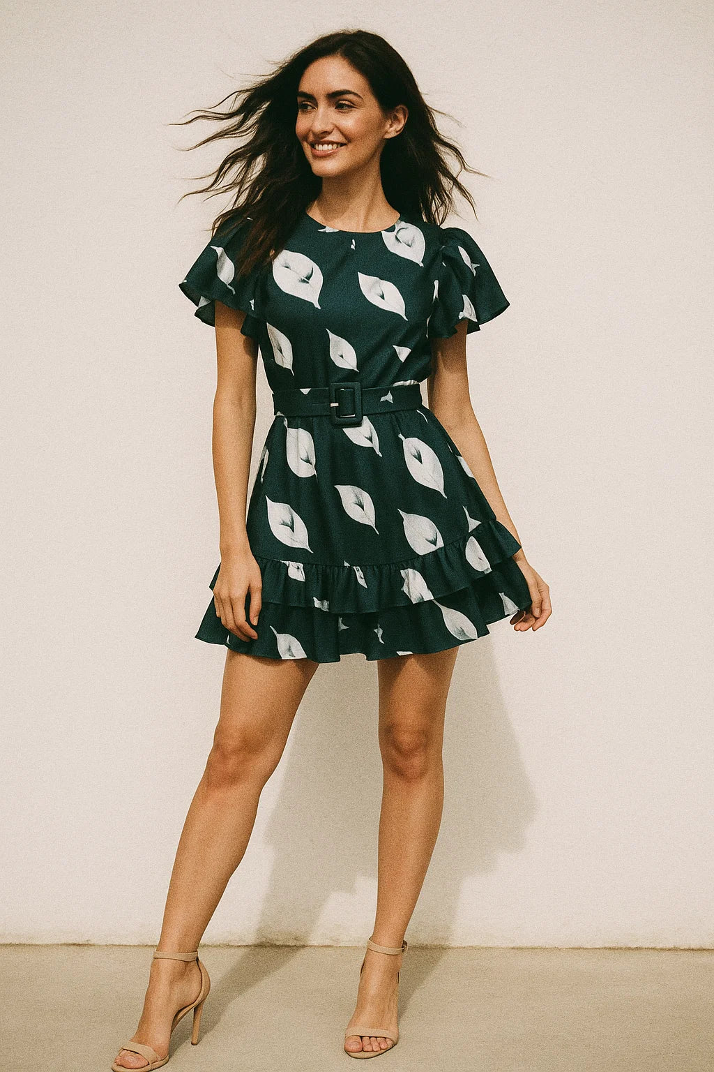 Leaves Print On Dark Grey Base Digital Printed Fabric