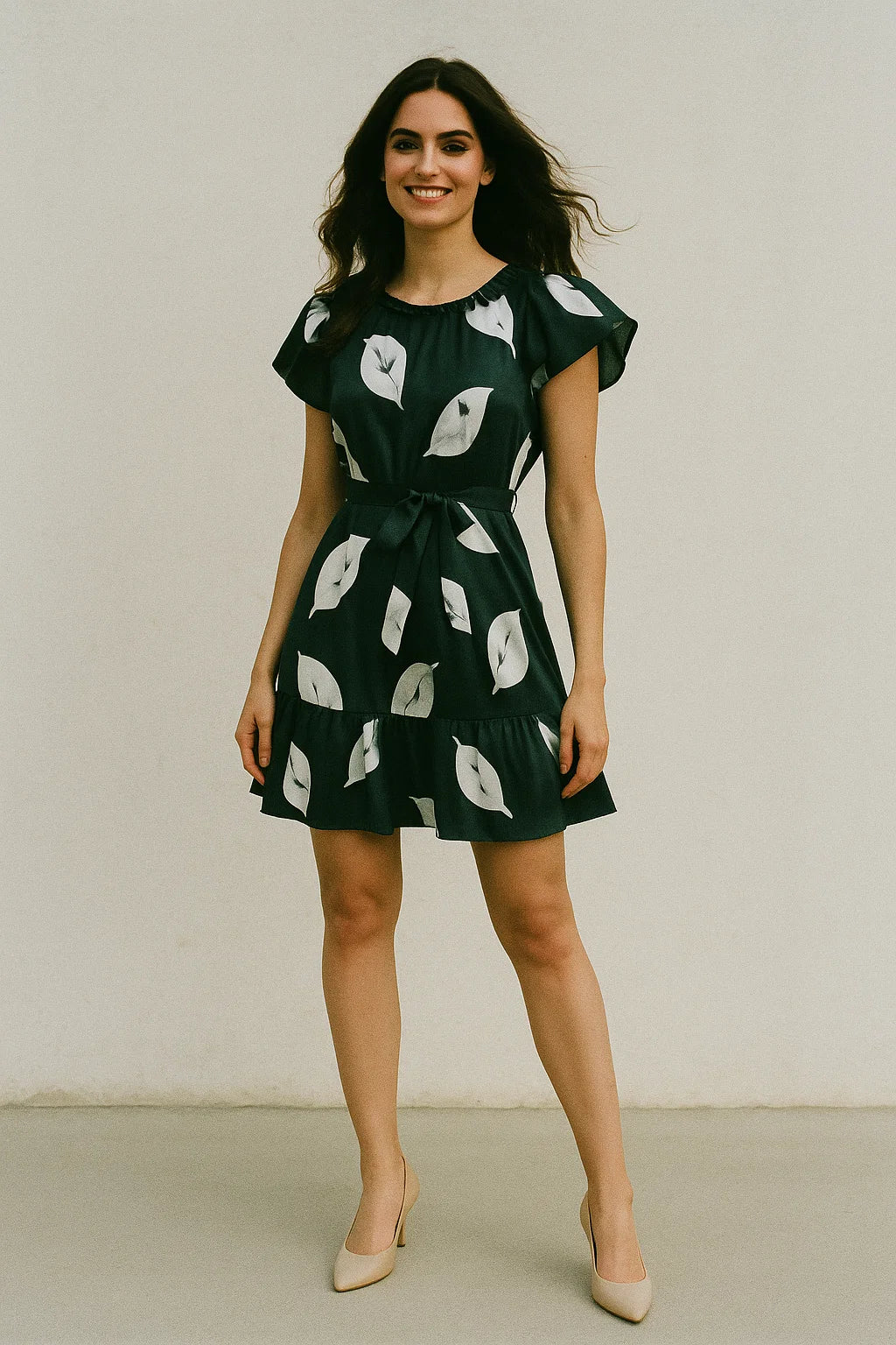 Leaves Print On Dark Grey Base Digital Printed Fabric