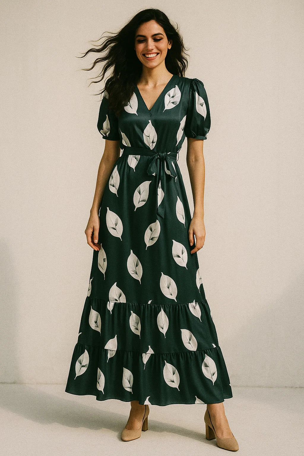 Leaves Print On Dark Grey Base Digital Printed Fabric